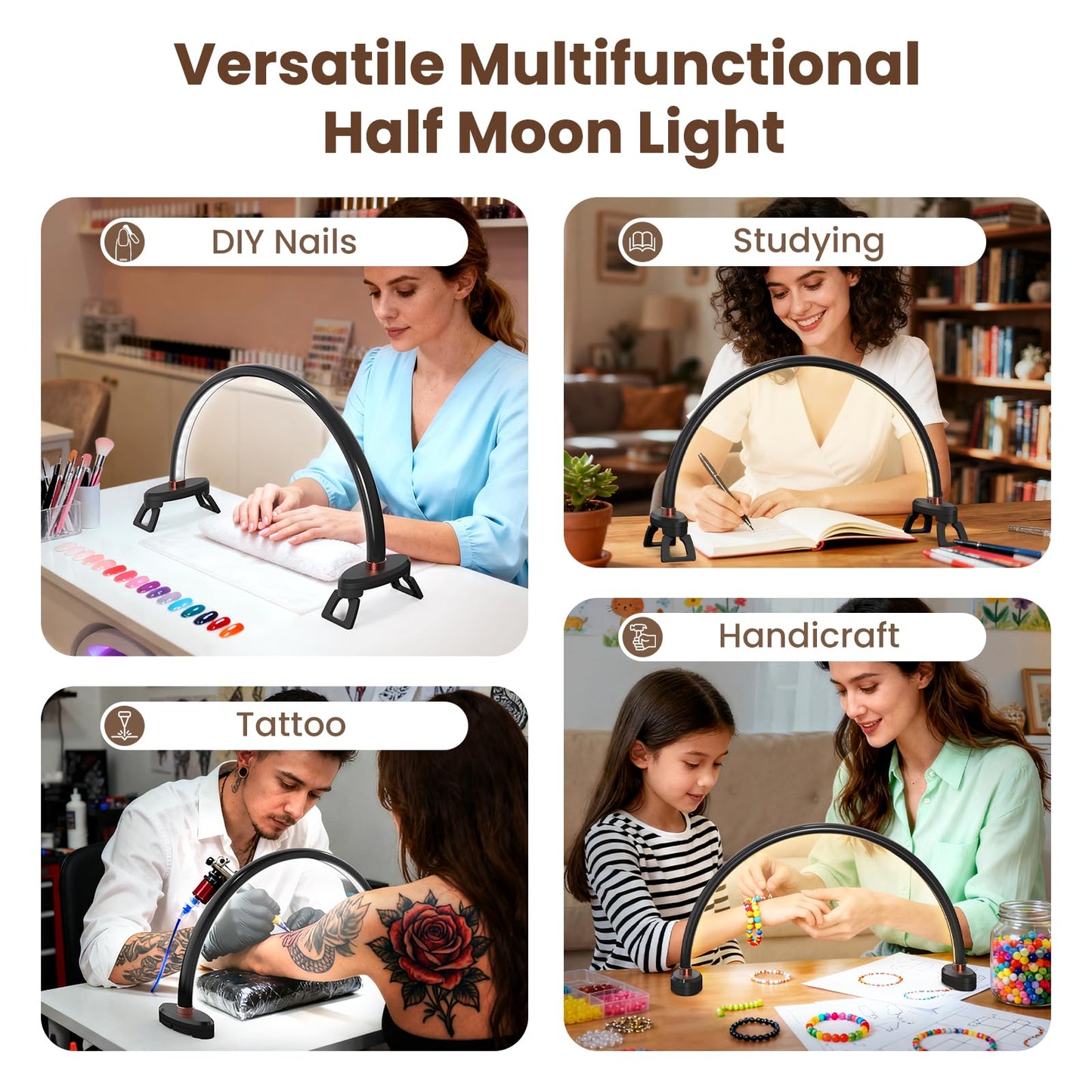 Yokilly Arc Half Moon Light: 16" Half Moon Light with Foldable Bracket for Desk Salon Table Use - No Flicker & Shadow-Free Desk Lamp with Stepless Brightness 3000-6500K for Manicurist Nail Tech