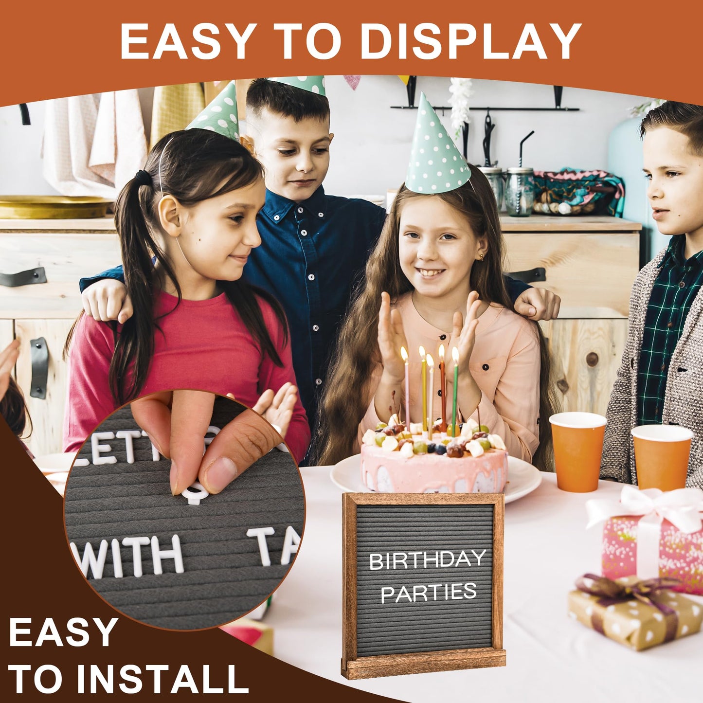 10" x 10" Double Sided Chalkboard Sign with Stand, Small Chalk Board Blackboard Wood Frame Felt Letter Board with 12 Chalk Markers and 340 Letters (Brown)
