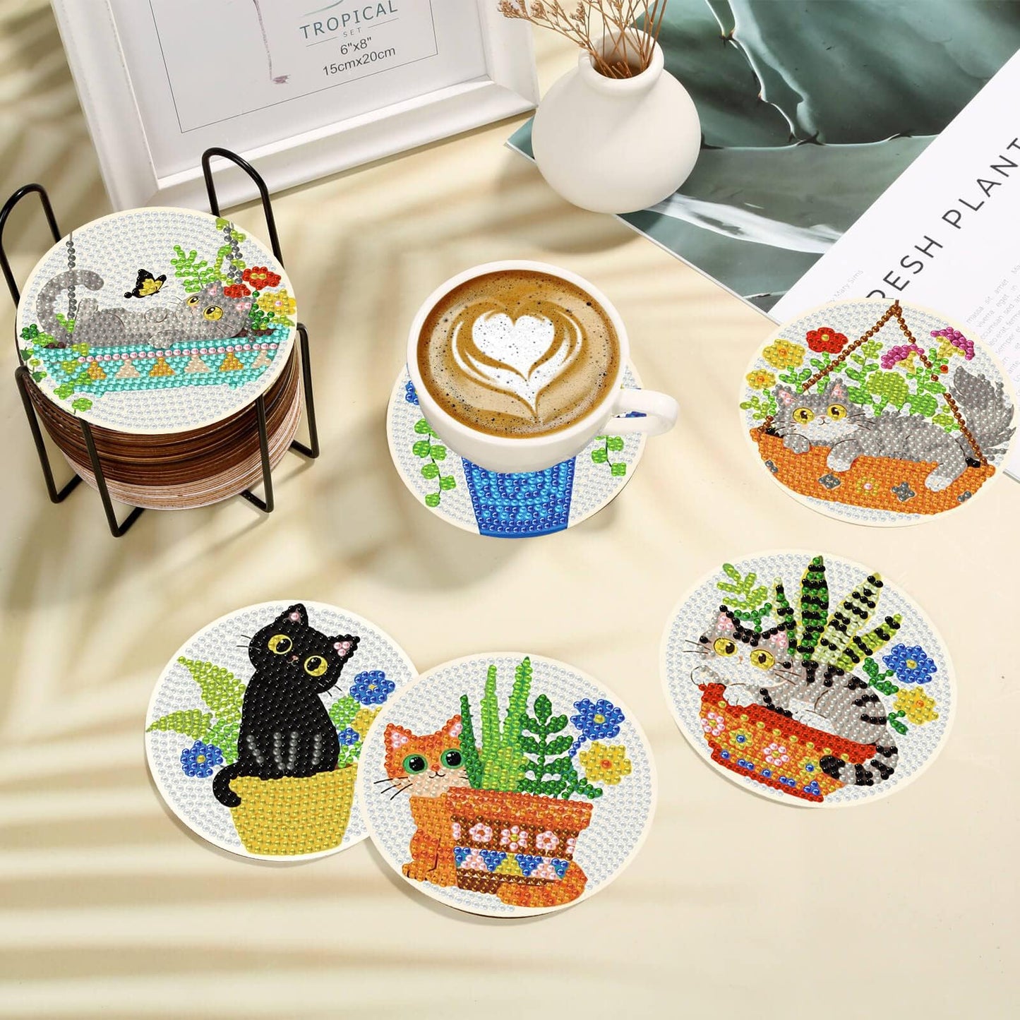 8 Pcs Cat Diamond Art Coasters with Holder, Cat Diamond Painting Coasters Kit for Adults, Crafts Kits for DIY Coasters for Cat Lover Gift 4X4 inch