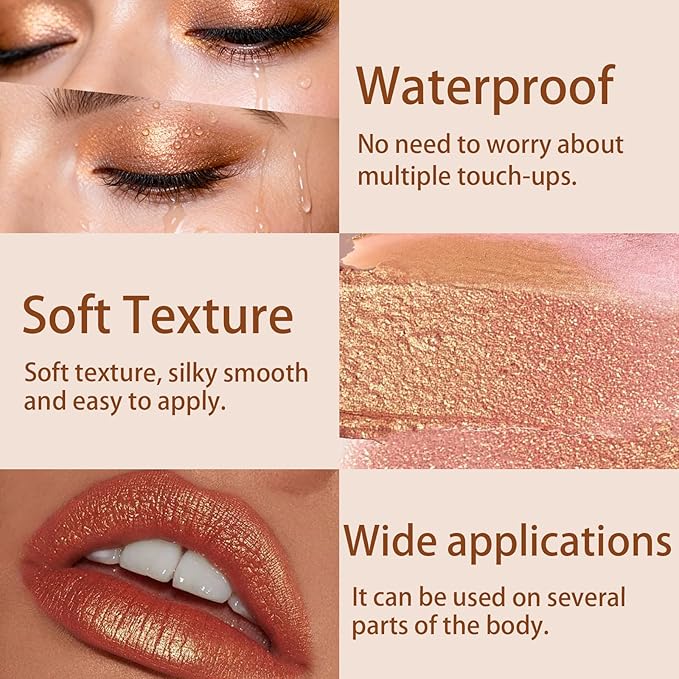Light Golden Brown Glitter Cream Shimmer Eyeshadow Sticks, Multichrome Matte Eye Shadow Stick, Waterproof and Long-Lasting Smooth Cream Eye Highlighter Stick Makeup for Women, 1 Golden Sands