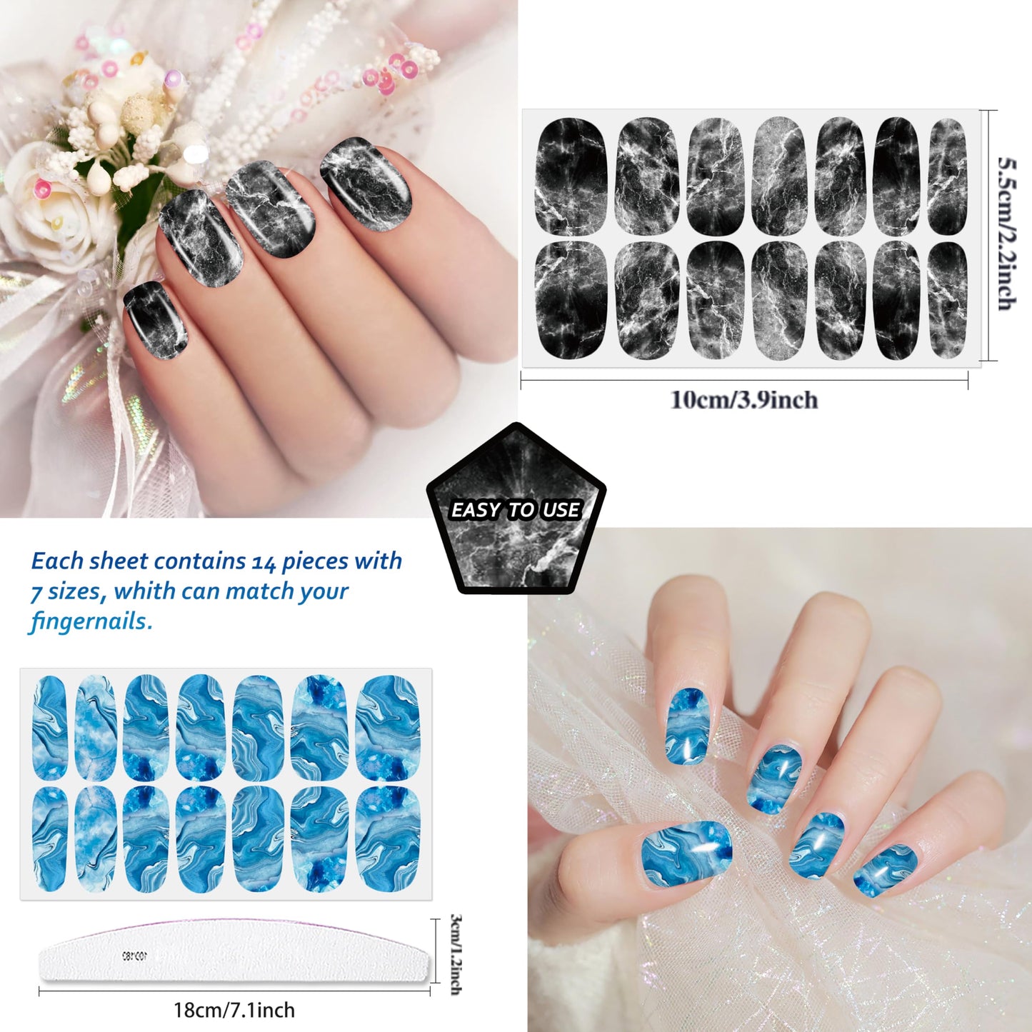JERCLITY 336 Pieces 24 Sheets Women's Full Wrap Marble Nail Polish Strips Stickers Self-Adhesive Gel Nail Strips Decals with Nail File for Women Girls Nail Decorations (Retro Style)