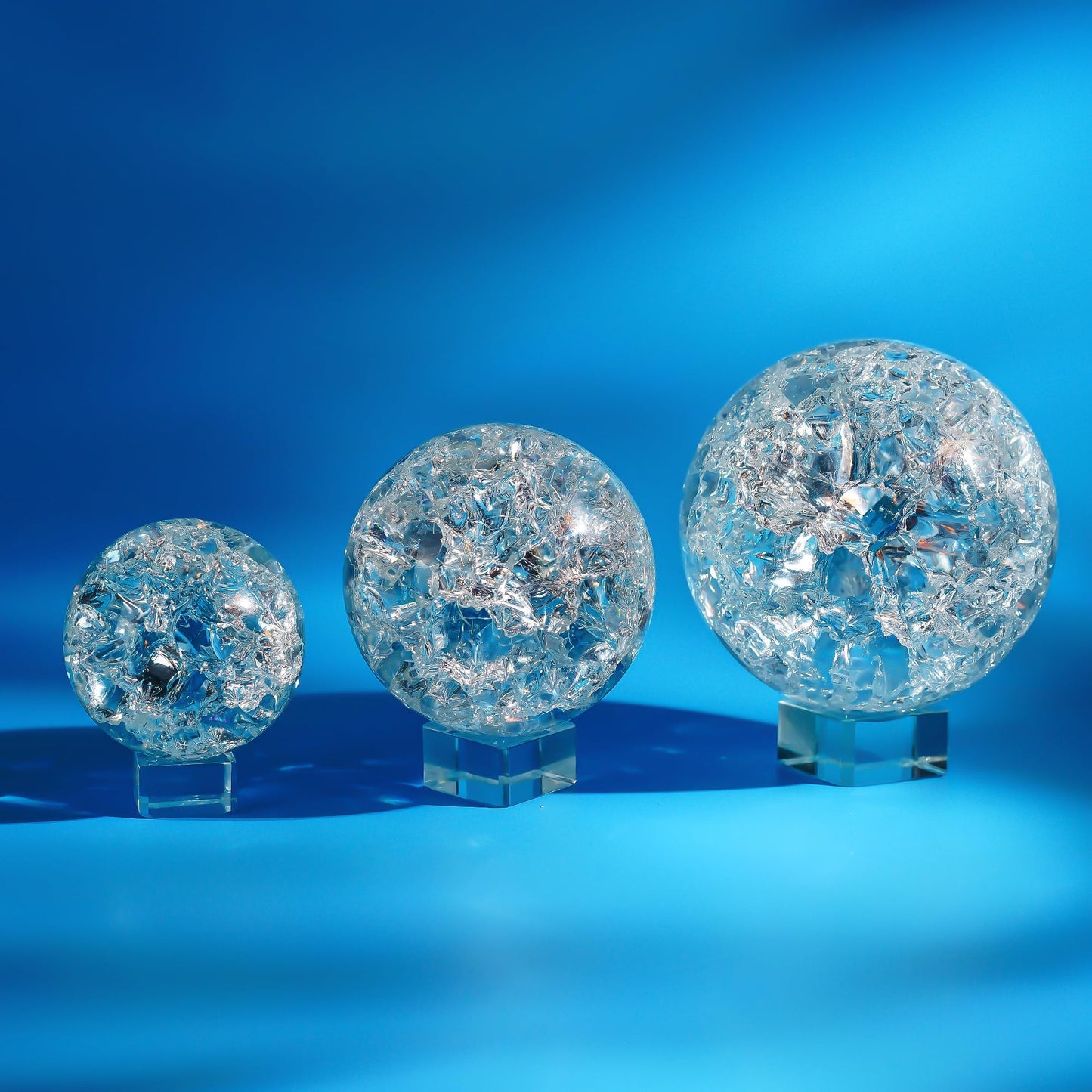 ZEERSHEE Set of 3 60/80/100mm Crystal Cracked Balls Glass Globe Paperweight Decor Solid Decorative Sphere with Stand Feng Shui Divination or Fortune Telling Ball
