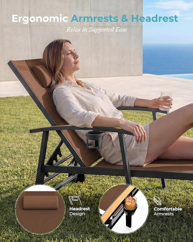 Ciokea Outdoor Lounge Chair with Pillow Set of 4, 5-Position Chaise Lounge with Wheels & Armrests, 400 lbs Heavy Duty Aluminum Pool Lounge Chairs, for Beach, Deck, Poolside & Backyard, Brown