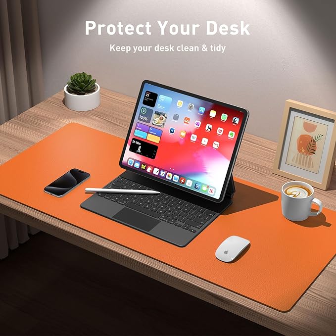 Aothia Leather Desk Pad Protector, Mouse Pad, Office Desk Mat, Non-Slip PU Leather Desk Blotter, Laptop Desk Pad, Waterproof Desk Writing Pad for Office and Home (36" x 17", Hermes Orange)