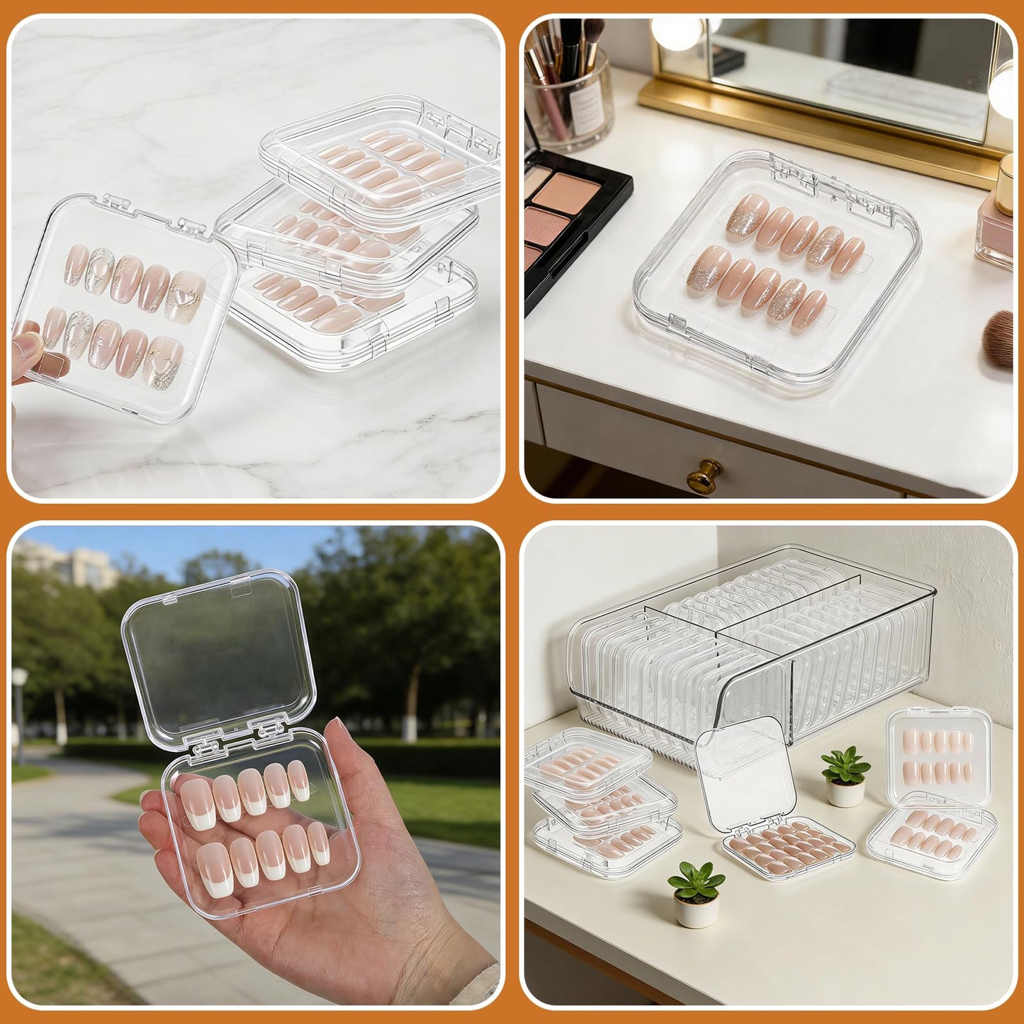 Wopgrty 30 Pcs Press On Nail Storage Box, Acrylic Display Case, Packaging Box for Nail Art, Large Stackable, All-In-One Box, 120 Pcs Double Sided Adhesive Nail Display Tape