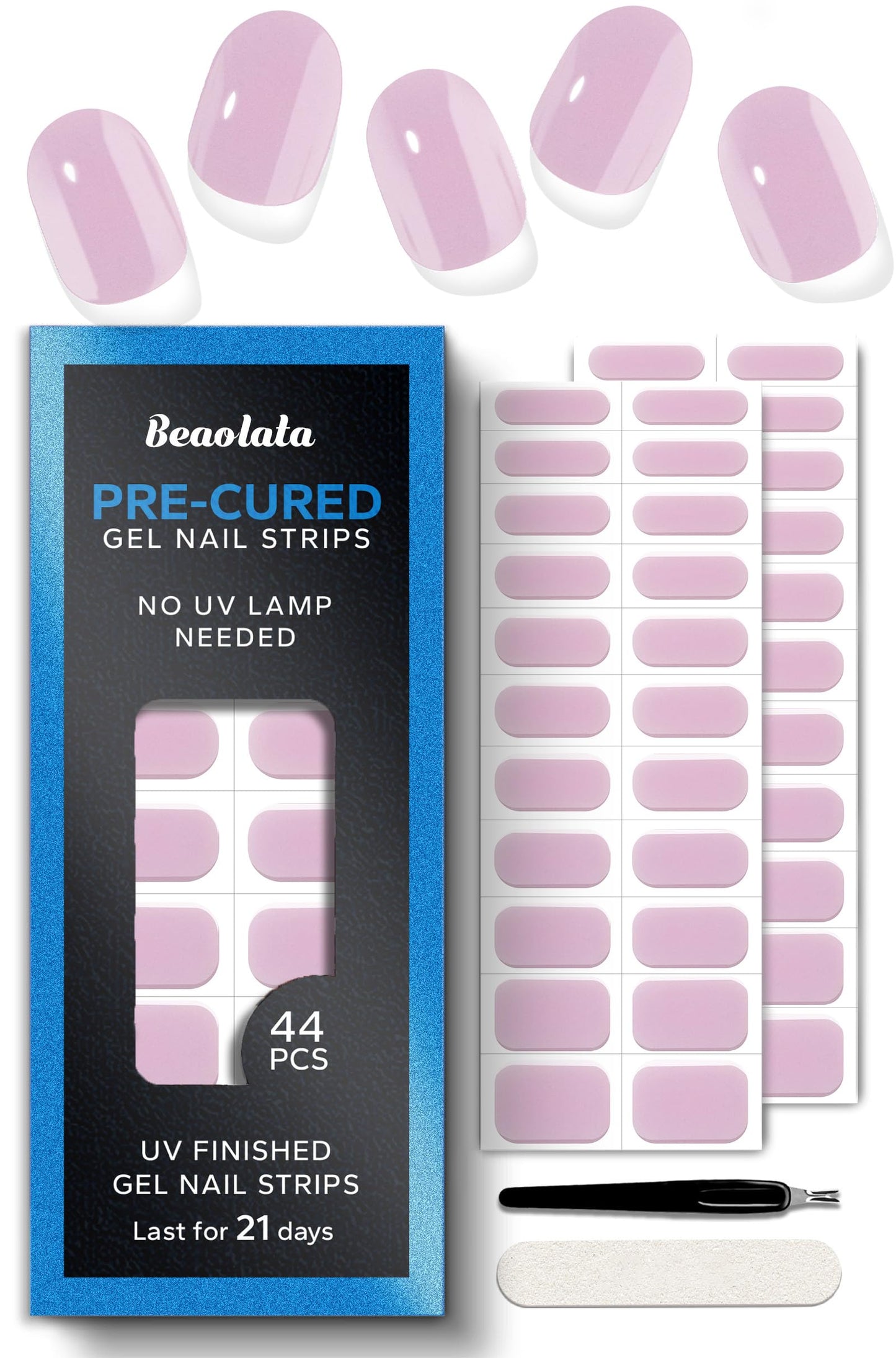 Beaolata Real Gel Nail Strips (No UV Light Needed) - 44Pcs Salon Quality Nail Stickers - Long Lasting Polish Wraps for Women, Easy Apply & Remove (Jelly Pink)