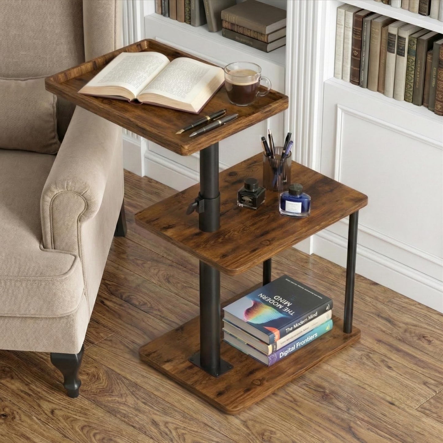 Faesun C Table End Table Adjustable Height, 360°Swivel TV Tray Table for Small Spaces, Small Nightstand for Living Room, Bedroom, Rustic