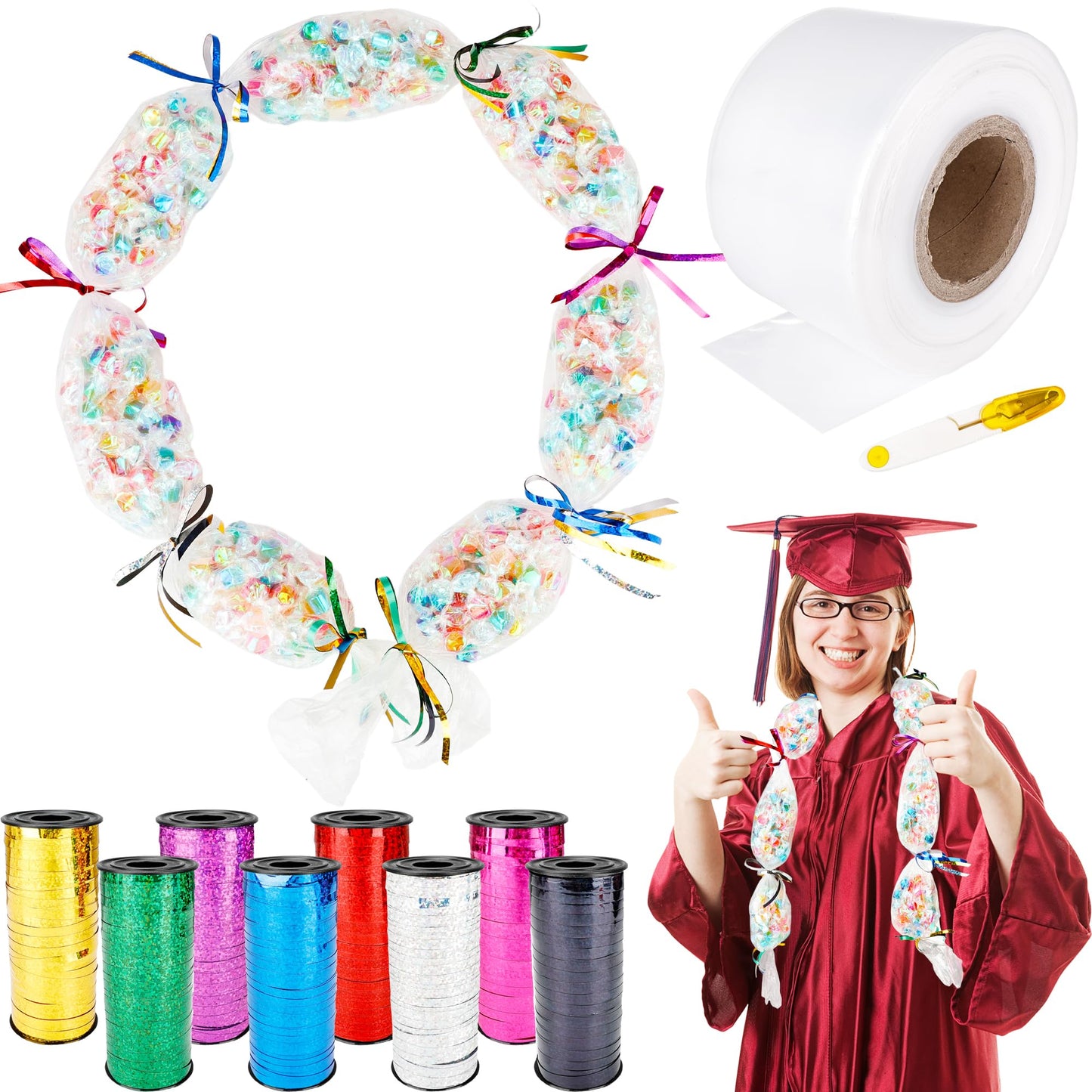 Mikasee Graduation Candy Lei Tubing Making Kit Include 1 Rolls 3.2 inch x 984 ft Graduation Necklace Lei Tubing Bags with 8 Rolls Ribbon and 1 Scissors for Graduation Garland DIY