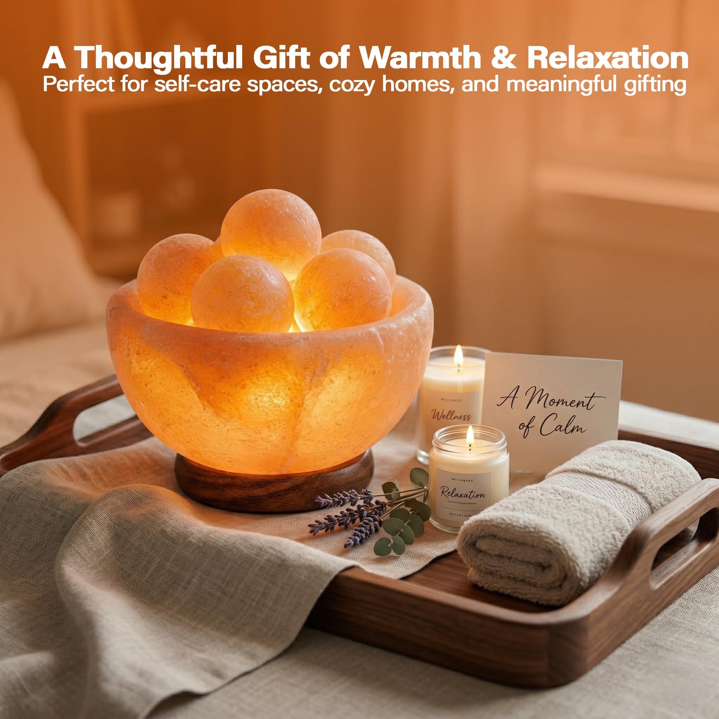 Himalayan Salt Lamp Fire Bowl with 5 Massage Balls, Relaxing Ambient Glow Night Light with on/Off Switch