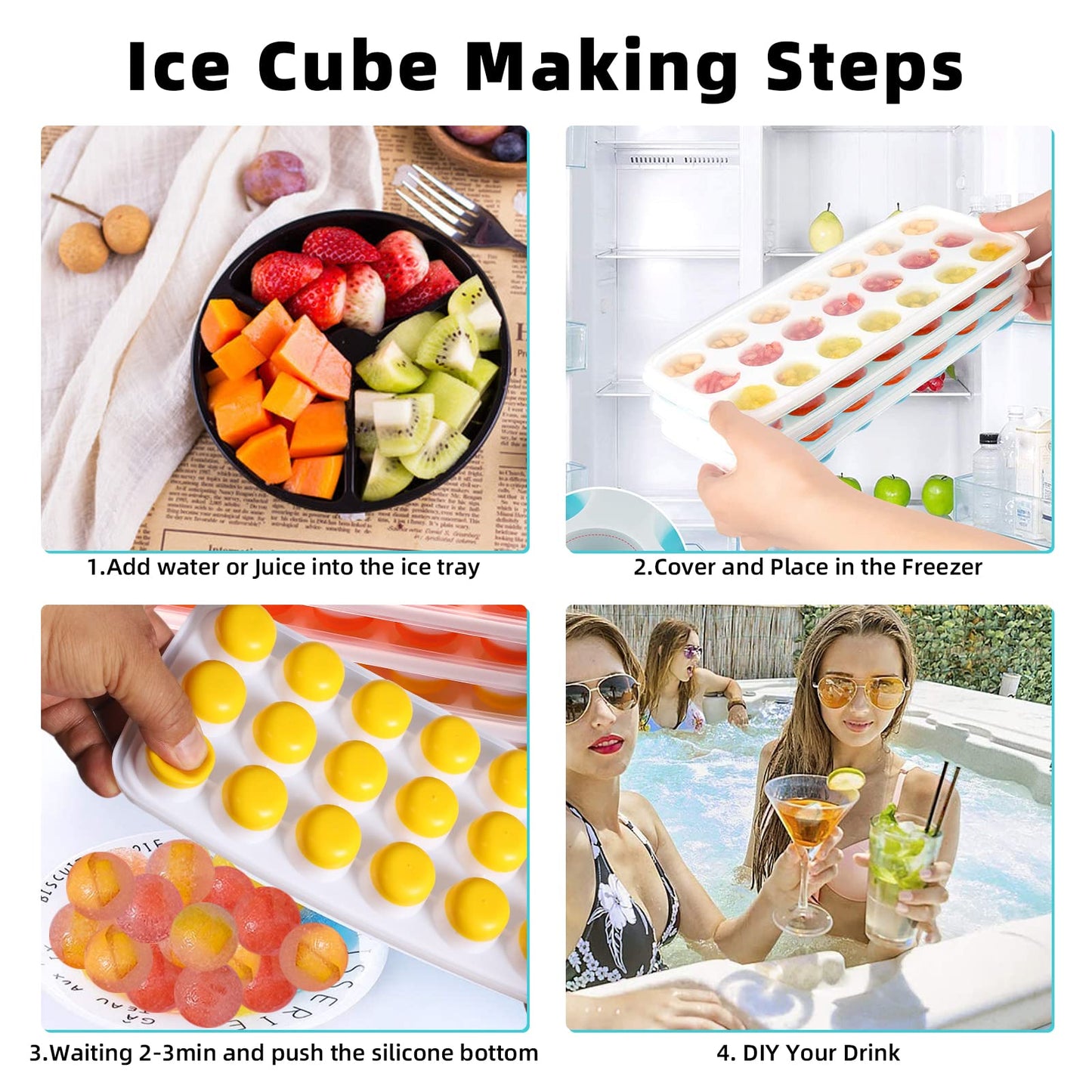 Select4U Ice Cube Trays with Lids BPA Free, 4Pack Easy Release Silicone Ice Cube Trays for Freezer 84 Sphere Ice Tray with Stackable No Spill Covers, Dishwasher Safe,Orange&Yellow