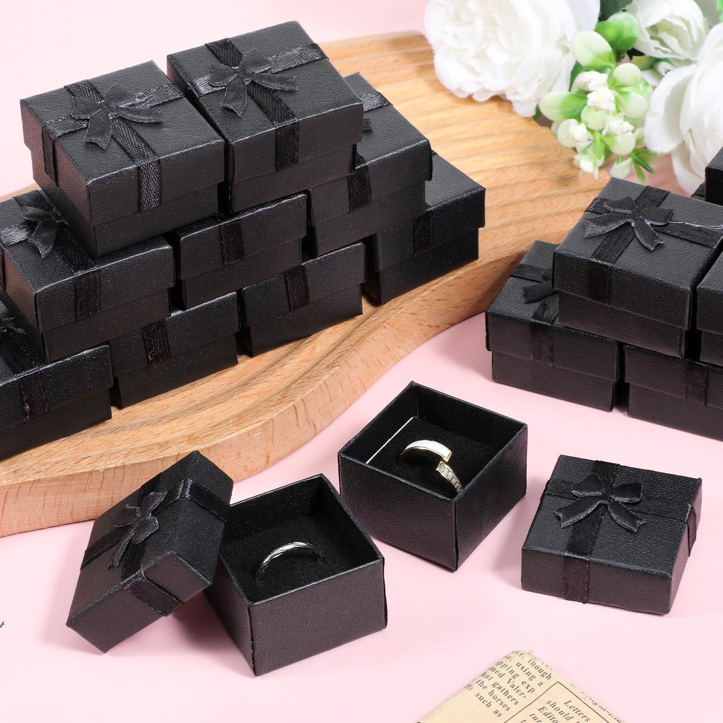 Lyksgir 72 Pcs Ring Boxes Bulk, 1.5 x 1.5 In Hard Cardboard Jewelry Box with Ribbon Bow, Cardboard Ring Gift Box Set with Bow Square, for Jewelry Organization, Gift Giving & Special Events(Black)