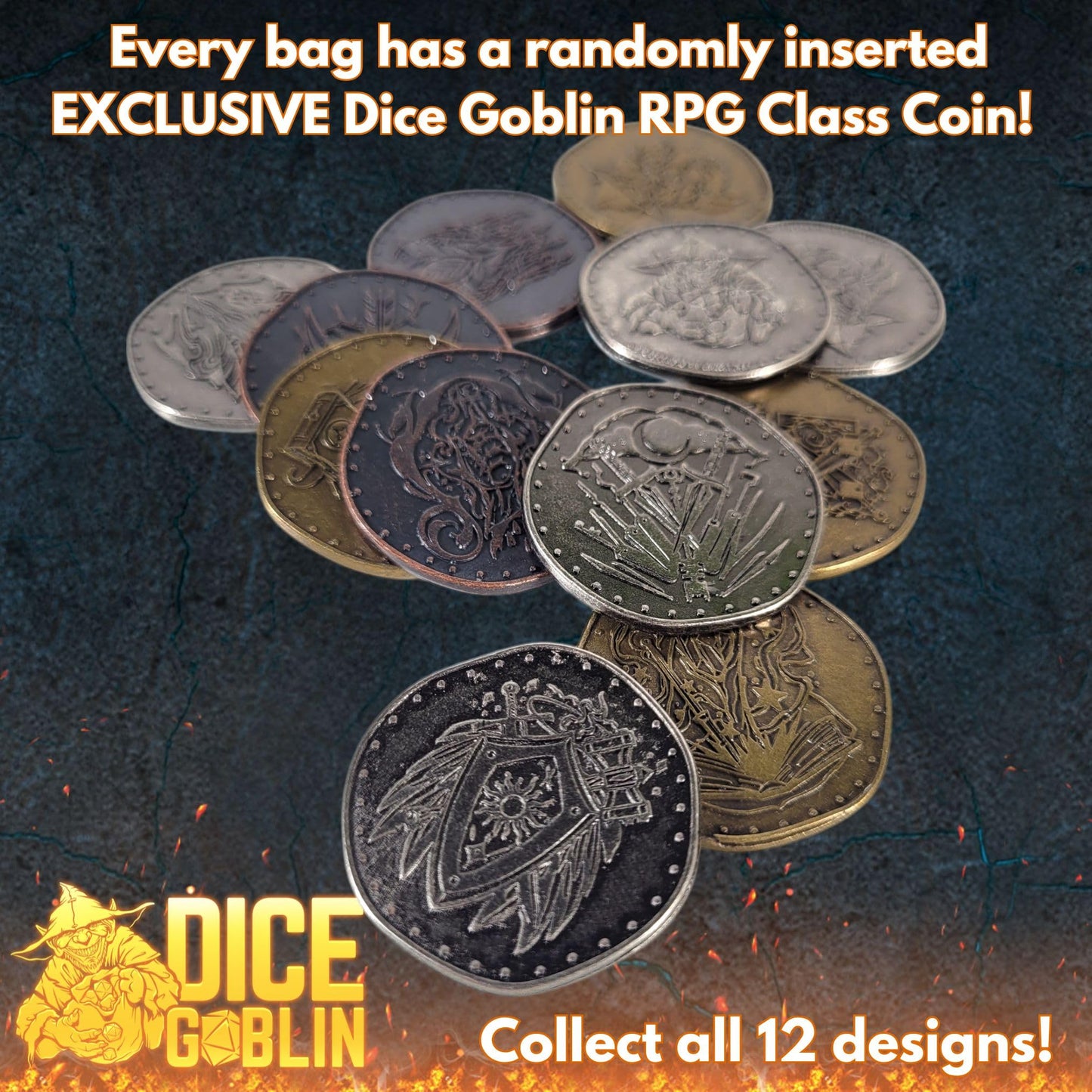 Forged Dice Co. Dice Goblin Mystery Dice Set of 7 - Resin or Plastic - with Mystery Metal RPG Class Coin