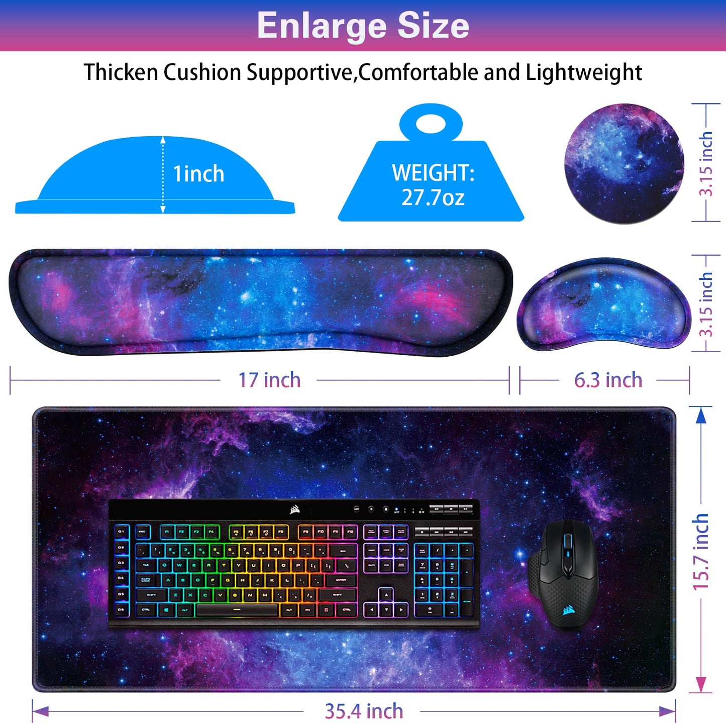 Canjoy Gaming Mouse Pad Set, 4-in-1 XXL Large Mouse Pad + Keyboard Wrist Rest Support+ Coaster, (35.4×15.7 in) Extended Desk Pad Memory Foam Non-Slip Desk Mat for Home Office
