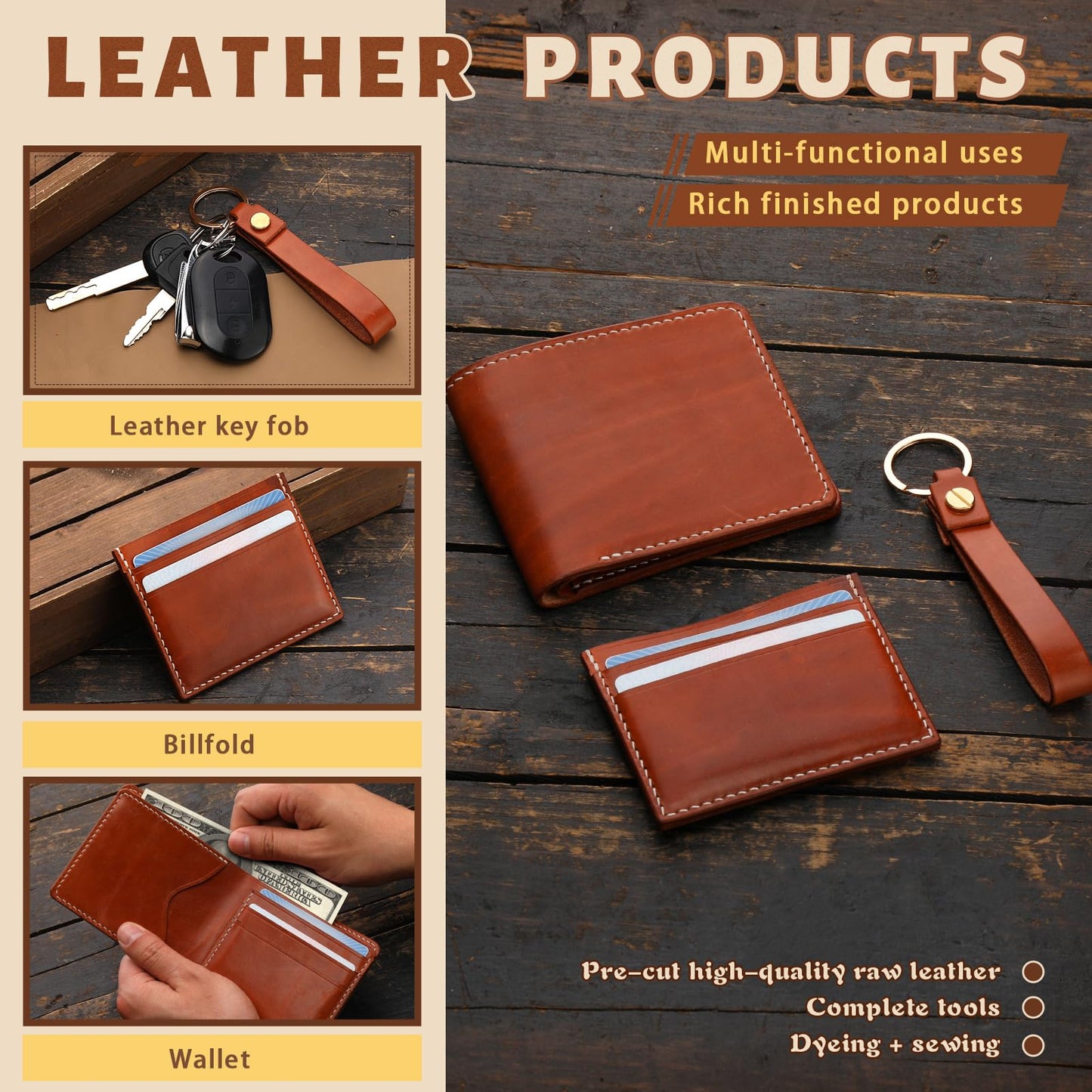 CBHGFEA 51-Piece Leather Working Kit: CBHGFEA Craft Tools Set with Edge Beveler Vegetable Tanned Leather Compass Wax Thread Video Tutorials for Wallets Card Holders and Keychains Crafts for Adults