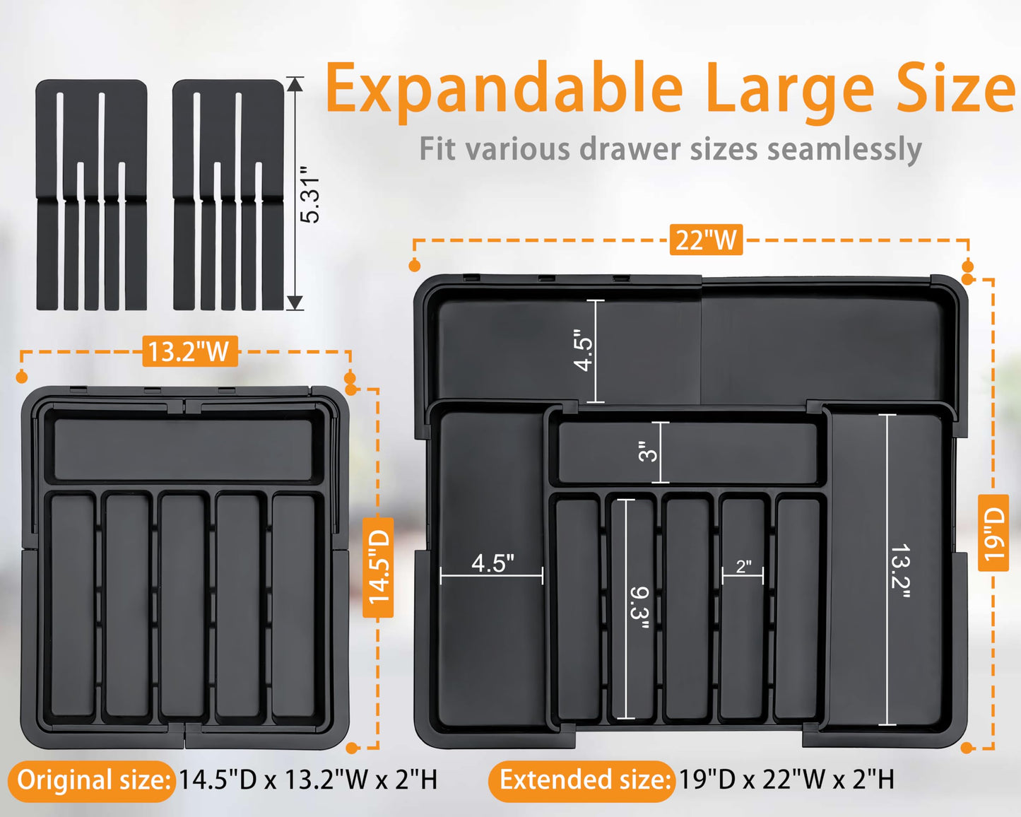 Homecor Silverware Organizer - Expandable Large Kitchen Drawer Organizer Utensil Organizer with 2 Removable Knife Blocks, 22"x 19"Cutlery Tray Drawer Dividers for Kitchen Flatware(6-9 Slots) (Black)