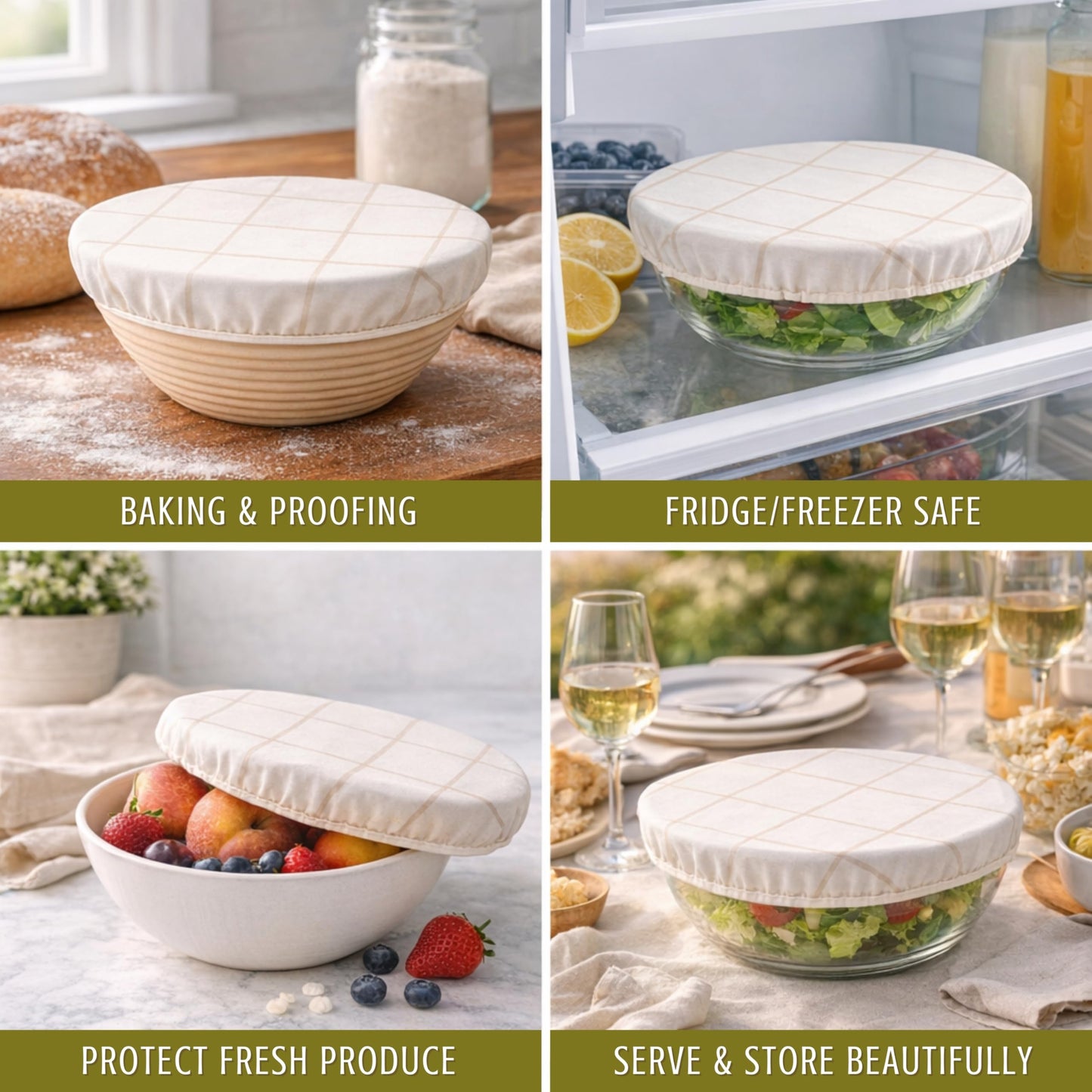 Nectar & Nest Reusable Bowl Covers for Bread Proofing (2 Lg) - Beeswax Bowl Covers Reusable, 100% Organic Cotton, Elastic Cover for Sourdough, Dough Proofing and Food Storage, Compostable