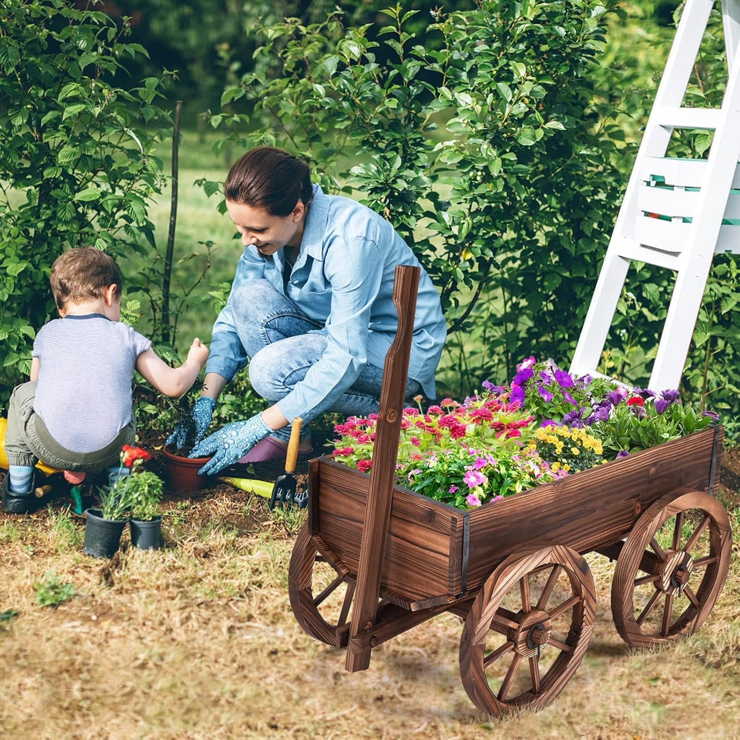 COSTWAY Wood Wagon Flower Planter Pot Stand with Wheels for Home, Garden, Indoor, Outdoor, Decor