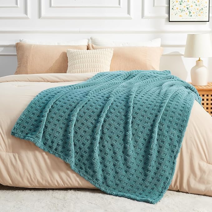NEWCOSPLAY Super Soft Throw Blanket Teal Premium Silky Flannel Fleece 3D Waffle Checkered Lightweight Bed Blanket All Season Use (Light Teal, Throw(50"x70"))