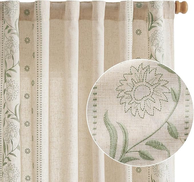 jinchan Winslow Linen Curtains for Bedroom 72 Inches Length Embroidered Bordered Floral Curtains for Living Room Farmhouse Decor Light Filtering Window Treatments Sage on Beige Drapes 2 Panels