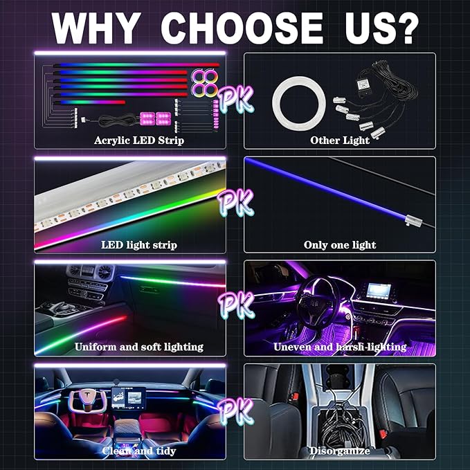 Dreamcolor Acrylic Ambient Lighting Car Lights – Wireless APP Control, Music Sync, Dynamic RGB Interior Car LED Strip Light Kit, 22-in-1 Customizable LED Lights for Car Interior