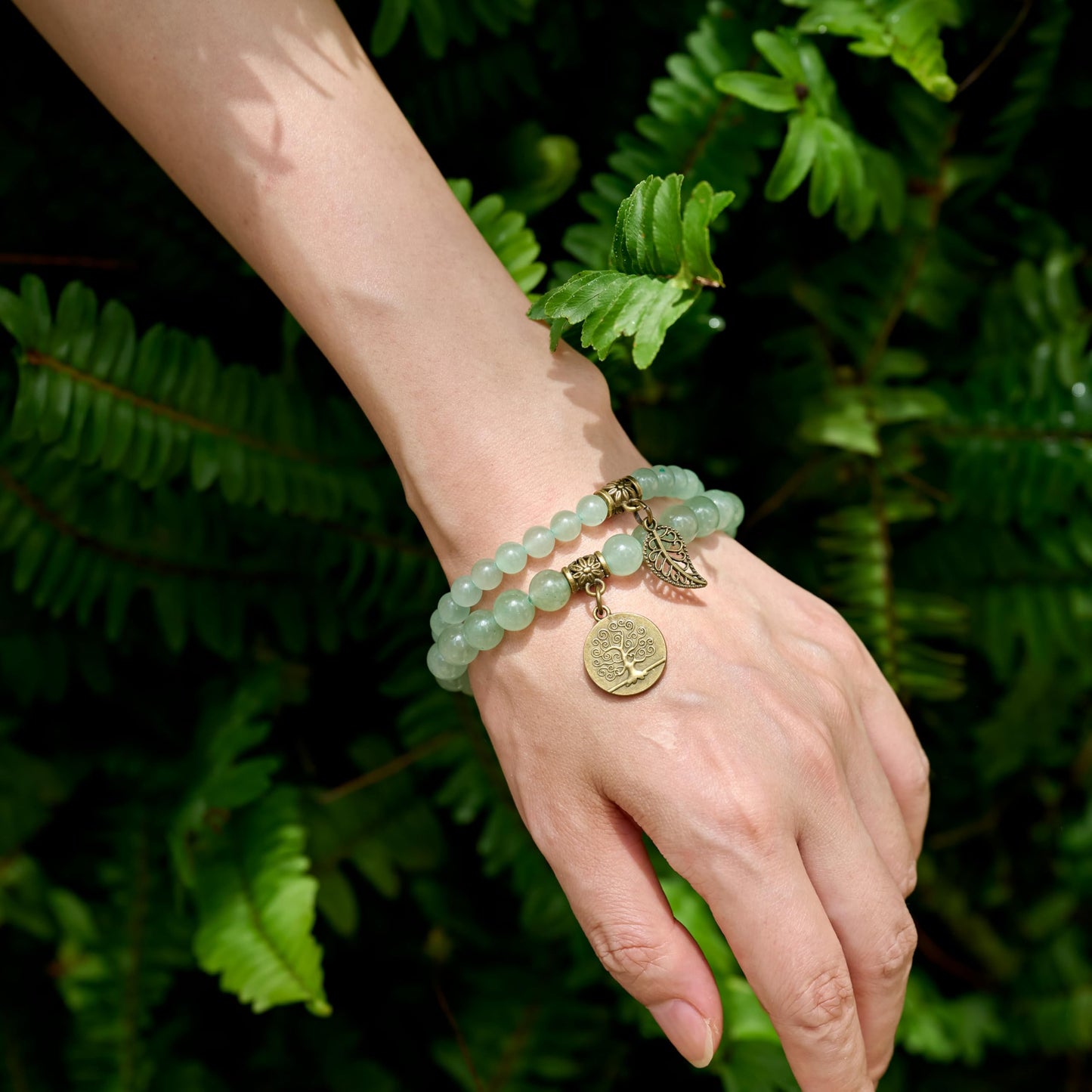 Bivei Natural Semi Precious Gemstone Beads Bracelet for Women - Life Tree and Leaf Charm Chakra Energy Anxiety Stretch Bracelets(Aventurine Bracelet Set)