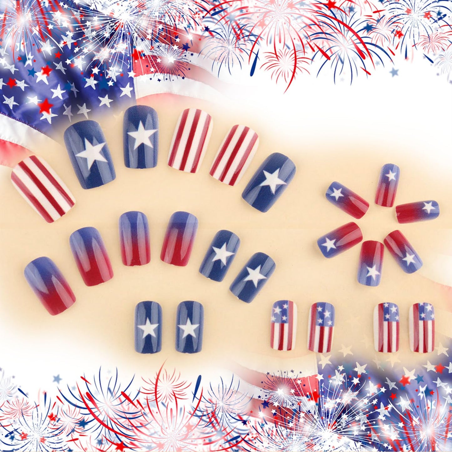 American Flag Fake Nails 24 Pcs Independence Day Acrylic False Nail 4th of July Press on Nails Glossy Red Gradient Glue on Artificial Fingernails HZJXRT Medium Square Stick on Nail for Women Gift