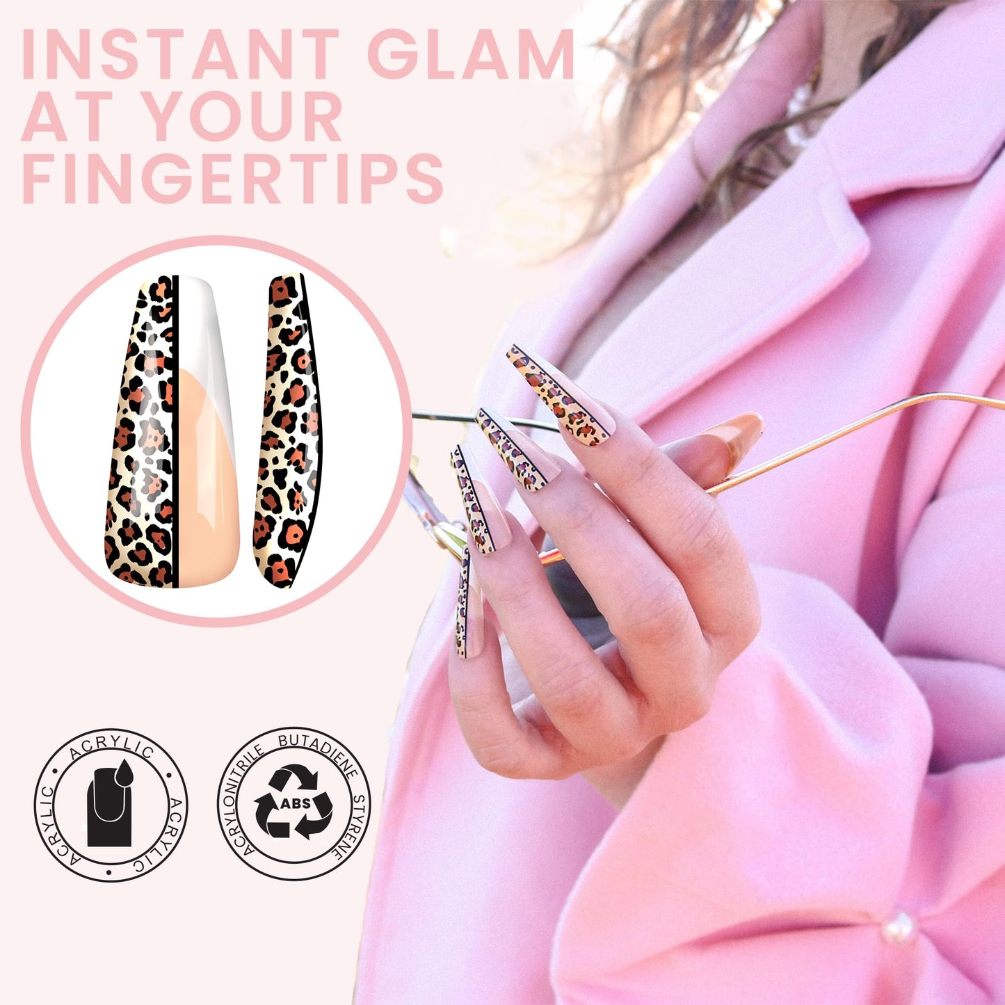 Allkem Leopard Print Ballerina Press on Nails | Glossy Extra Long Coffin| 10 sizes - 20 pcs Nail kit with Glue