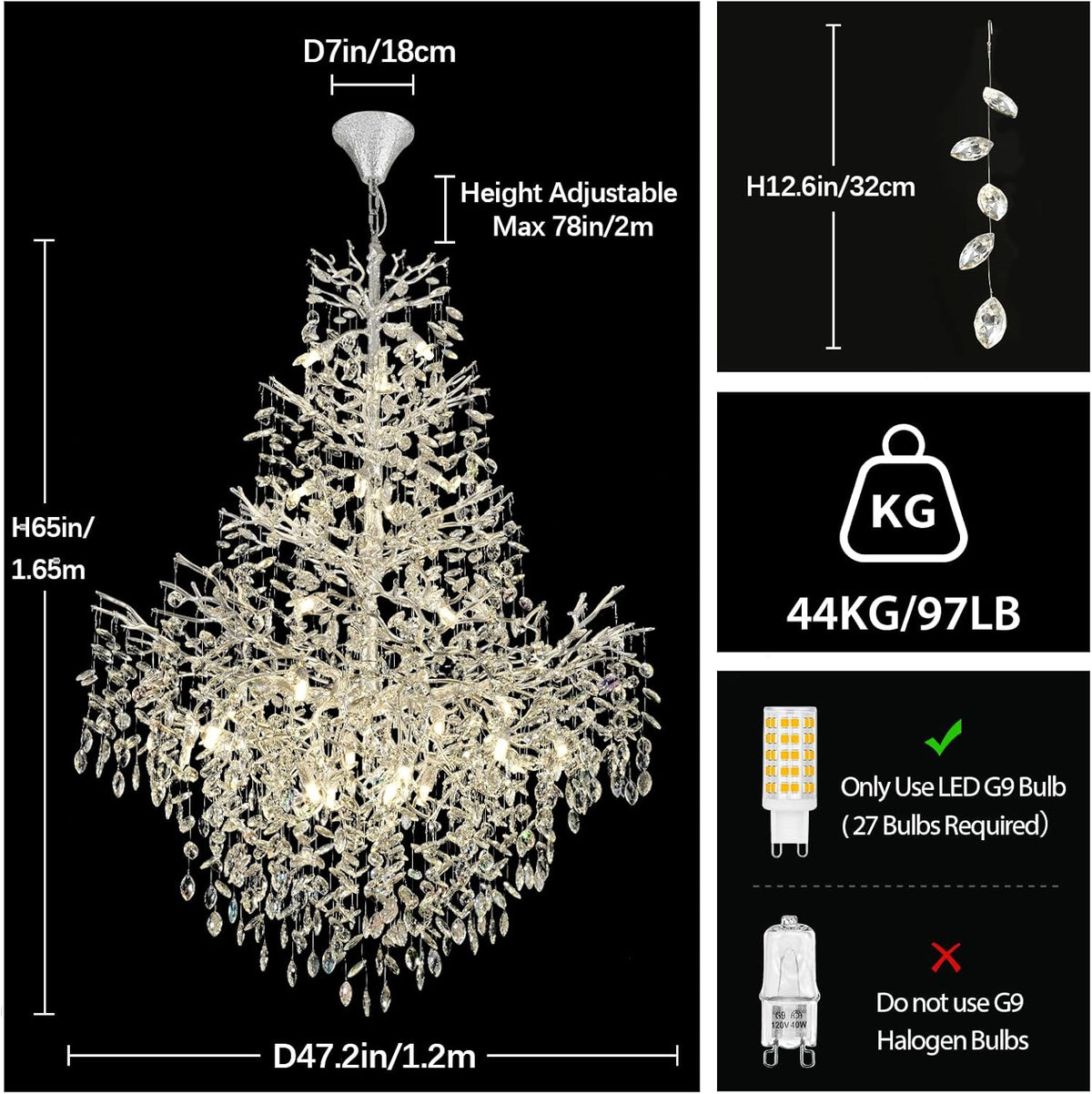 H65'' Silver Tree Branch Crystal High Ceilings Chandeliers,Modern Crystal Staircase Chandeliers, D48'' Foyer Chandelier for High Ceiling, Luxury Large Living Room Chandelier, 27-Lights