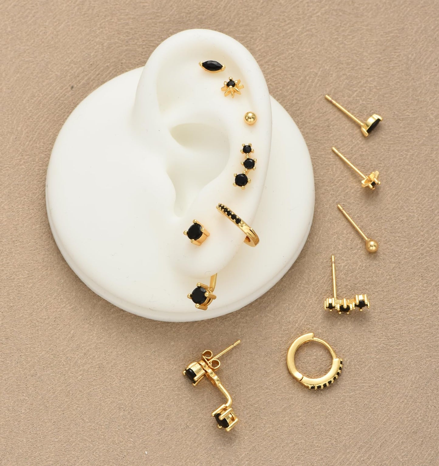 Gold Stud Earrings for Women, 6 Pairs 14K Hypoallergenic Cartilage Earrings for Multiple Piercing, Dainty Small Stackable Hoop Ball Earrings Set (Black-CZ-6 Pairs)