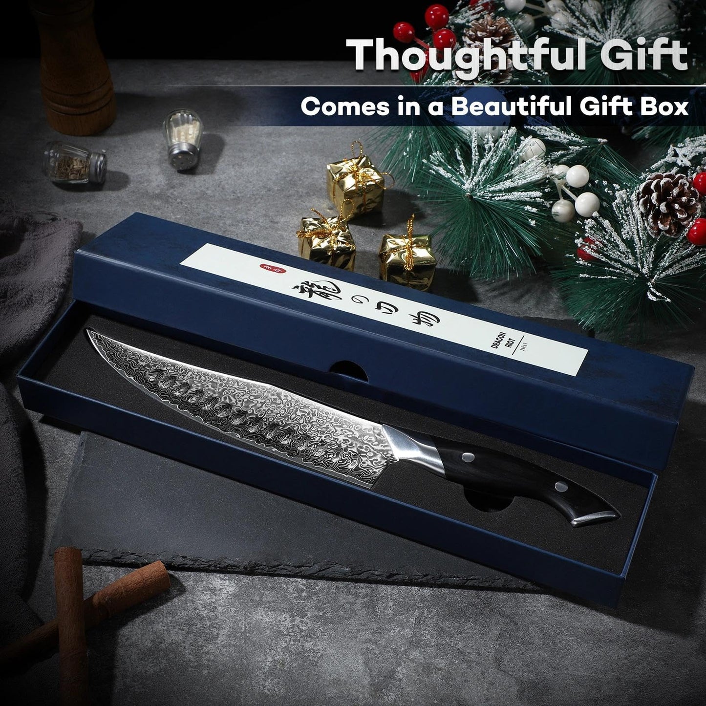 DRAGON RIOT Japanese Chef Knife, Damascus Kitchen Knife with VG10 Steel Core, Ultra Sharp Handmade Cooking Knives with Ergonomic Handle, Premium Gift Box for Mon and Dad