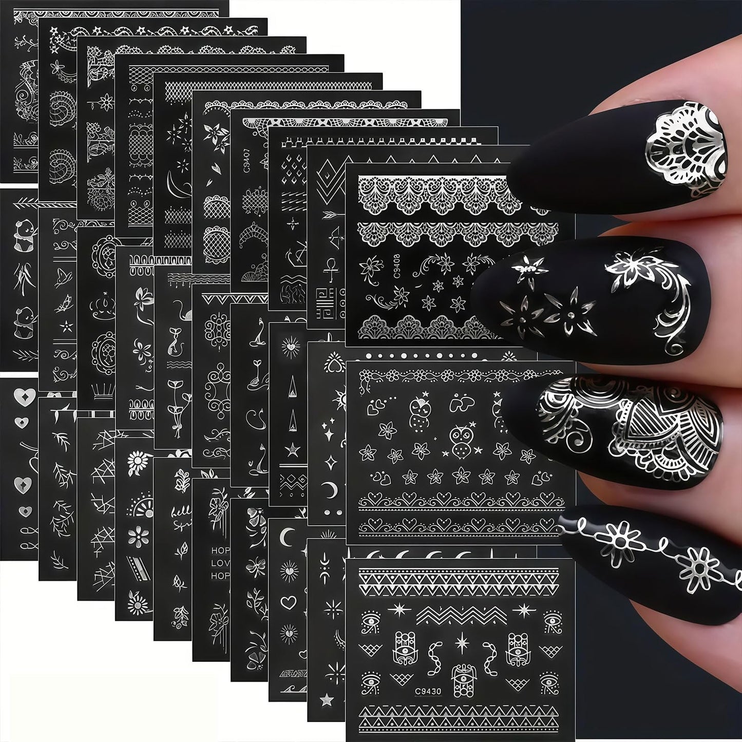 30 Sheets Silver Bohemian Nail Stickers, 3D Self Adhesive Retro Lace Leaf Cat Nail Decals Designs Decorations Accessories for Women Girls, Wedding Party Nails