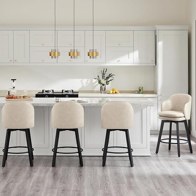 Counter Height Barstools 26 inch Upholstered Swivel Bar Stools with Back and Wood Legs for Kitchen Island,Set of 3,Beige PU Leather