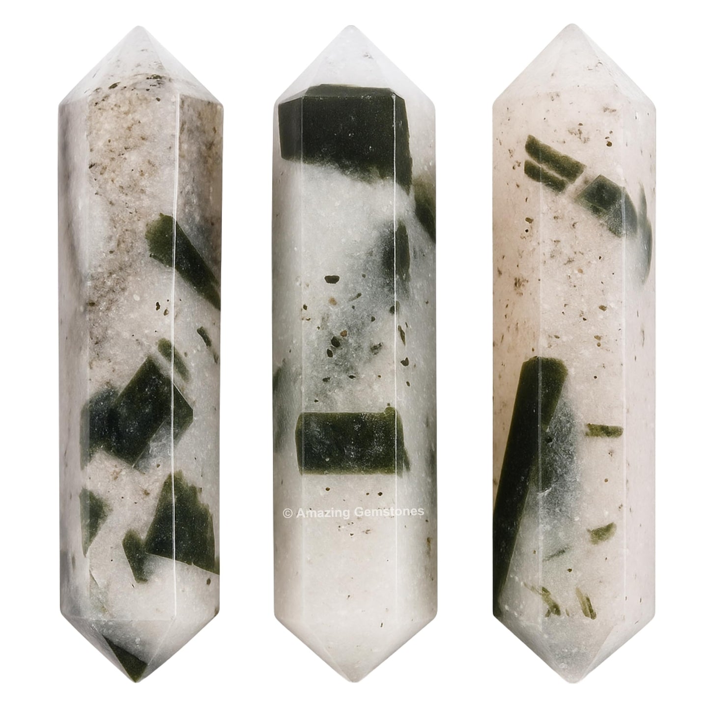Amazing Gemstone Green Tourmaline in Quartz Crystal Points Bulk Healing Crystals Stones - Pack of 3 Double Terminated Healing Wand Point Bulk Crystals for Craft
