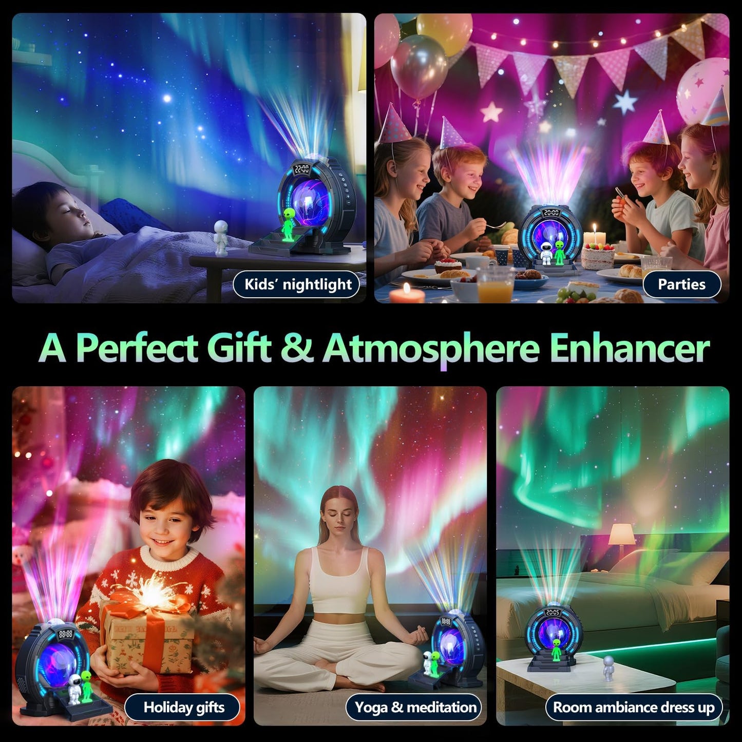Roujune Galaxy Projector with Plasma Ball, 8 Aurora Lights, White Noise Machine, Bluetooth Speaker, Timer Alarm Clock, Remote Controlled Night Light for Bedroom, Kids/Adults, Party