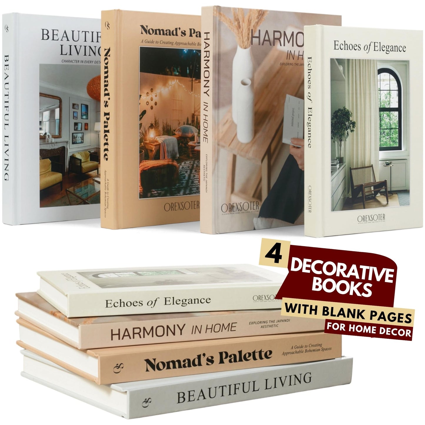 Decorative Books for Home Decor Set of 4 Large Faux Decoration Coffee Table Books Hardcover Aesthetic Book Nook Mantel Accent Modern Bookshelf Styling Entry Table Display Stackable Neutral Tones