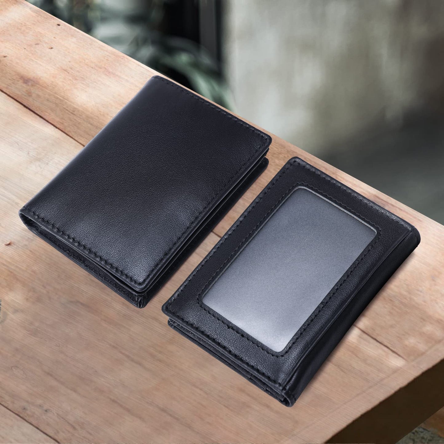 compalo RFID Blocking Front Pocket Minimalist Slim Leather Bifold Wallet Credit Card Case Holder ID Window