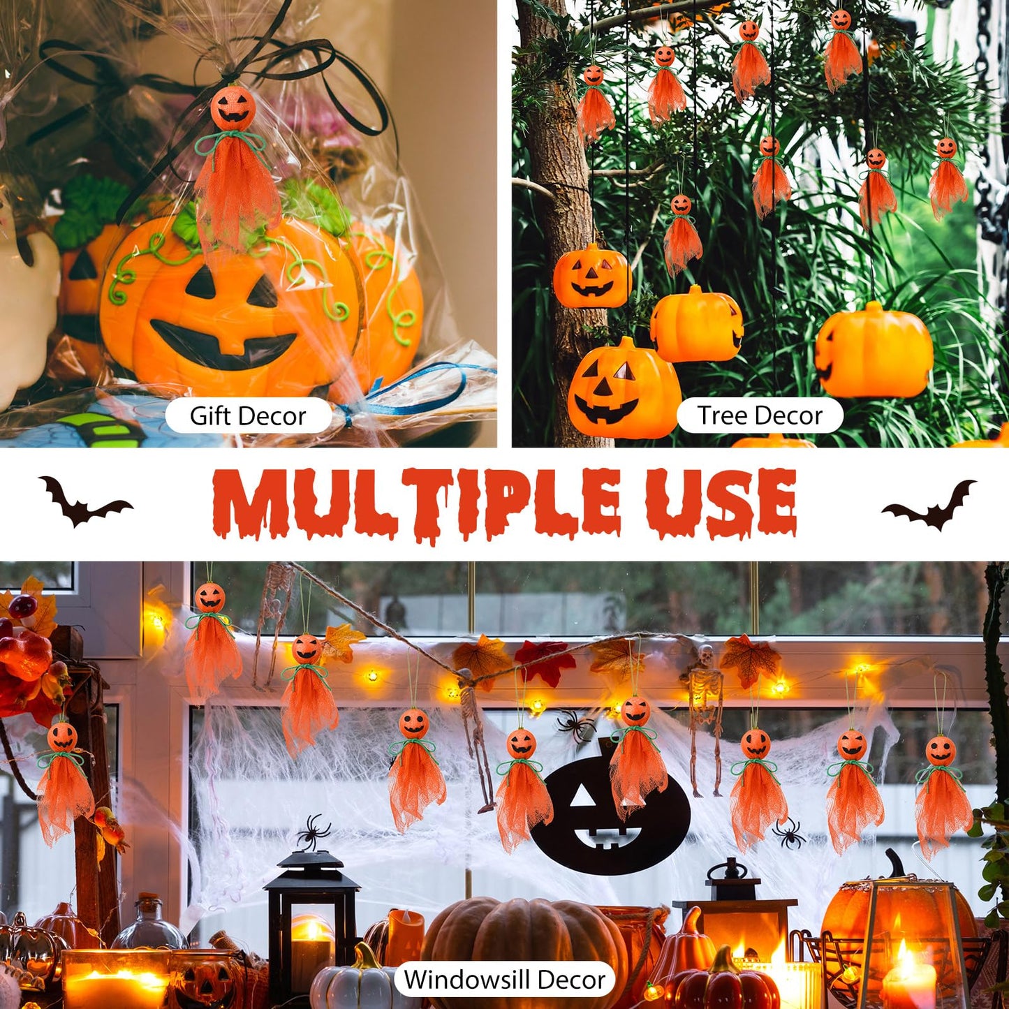 Kinlop 16 Pcs Halloween Pumpkin Hanging Ornaments 3.5 Inch Small Hanging Ghosts Tree Ornaments Orange Cute Pumpkin Decor for Halloween Party Yard Garden Tree Decoration
