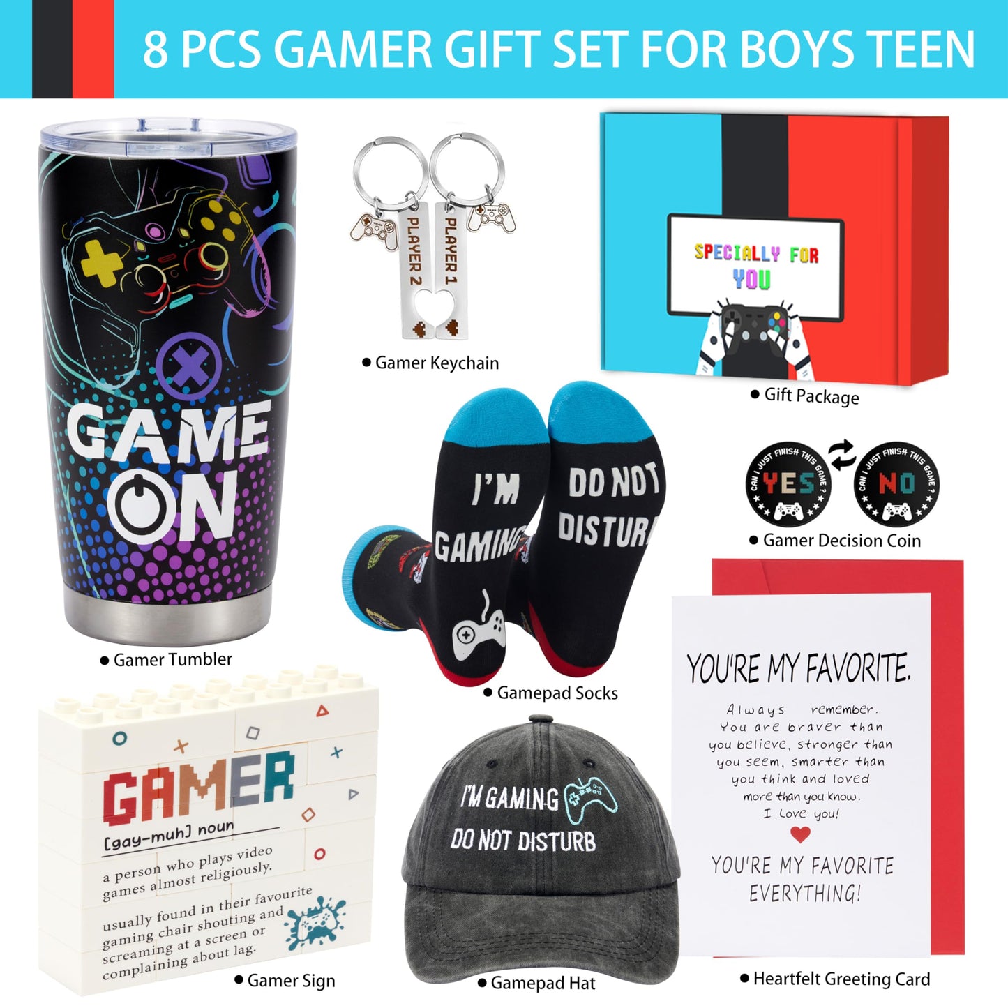 Guguden 8 PCS Easter Basket Stuffers Gamer Gifts for Men,Easter Gift Ideas Gaming Gift Box for Boyfriend Teens Dad Brother, Cool Gaming Stuff Accessories, Video Game Things Tumbler Keychain Socks