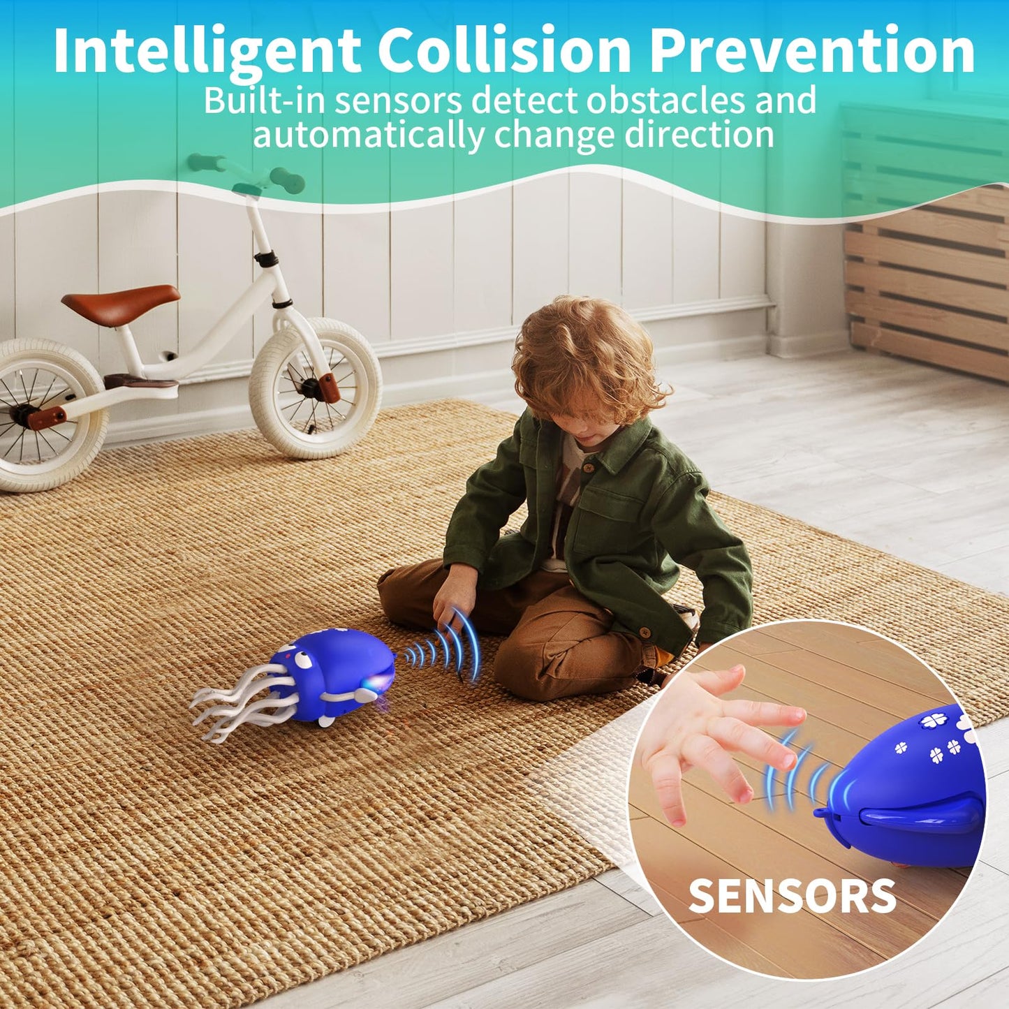 SWTOIPIG Interactive Dancing Octopus Toy,LED Light-Up Music Crawling Squid with Smart Obstacle Avoidance & Fishing Rod,Tummy Time Baby Toy (Blue)