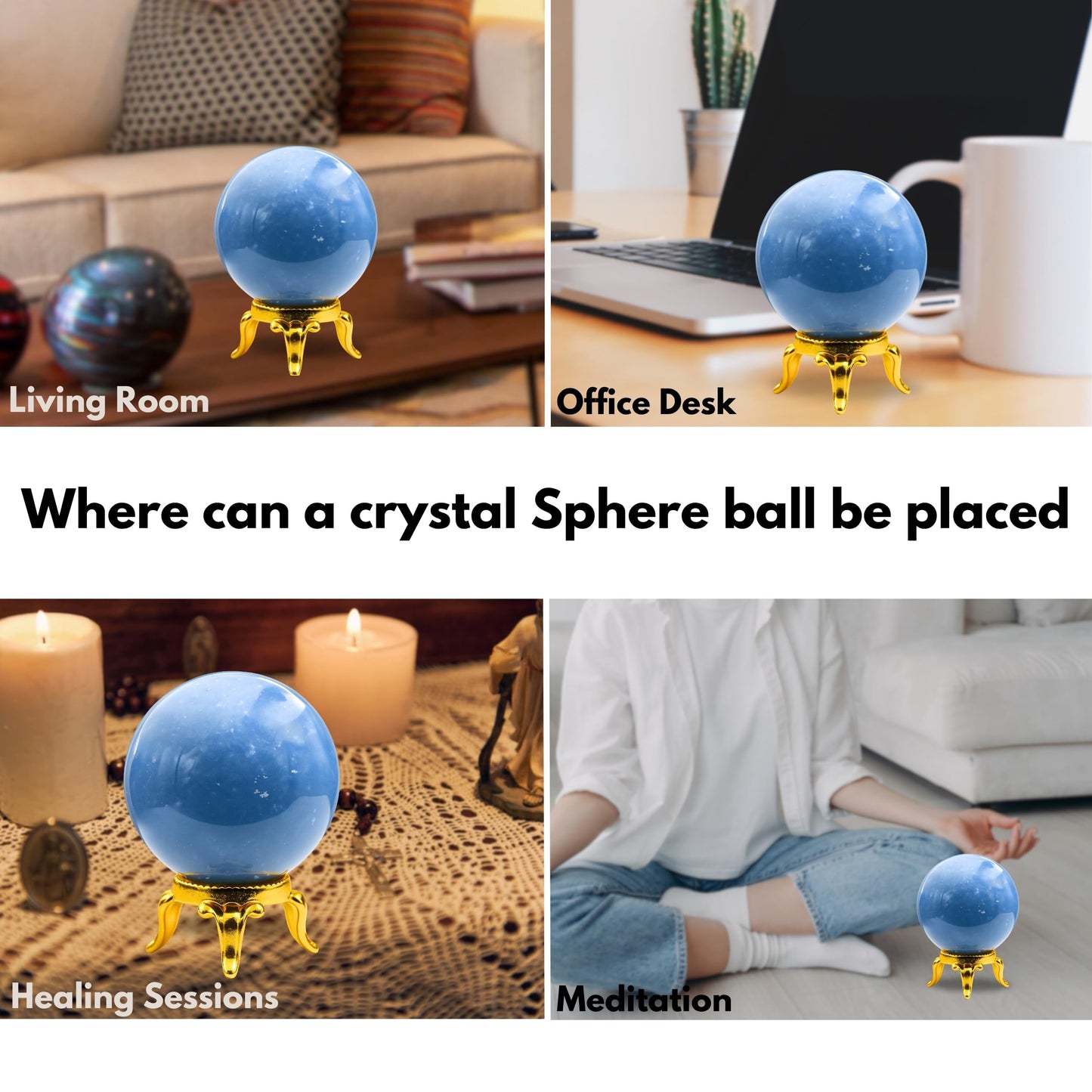 Amazing Gemstone Angelite Crystal Ball with Stand - 2" Inches Crystal Sphere Meditation Balls for Witchcraft and Decorative Balls