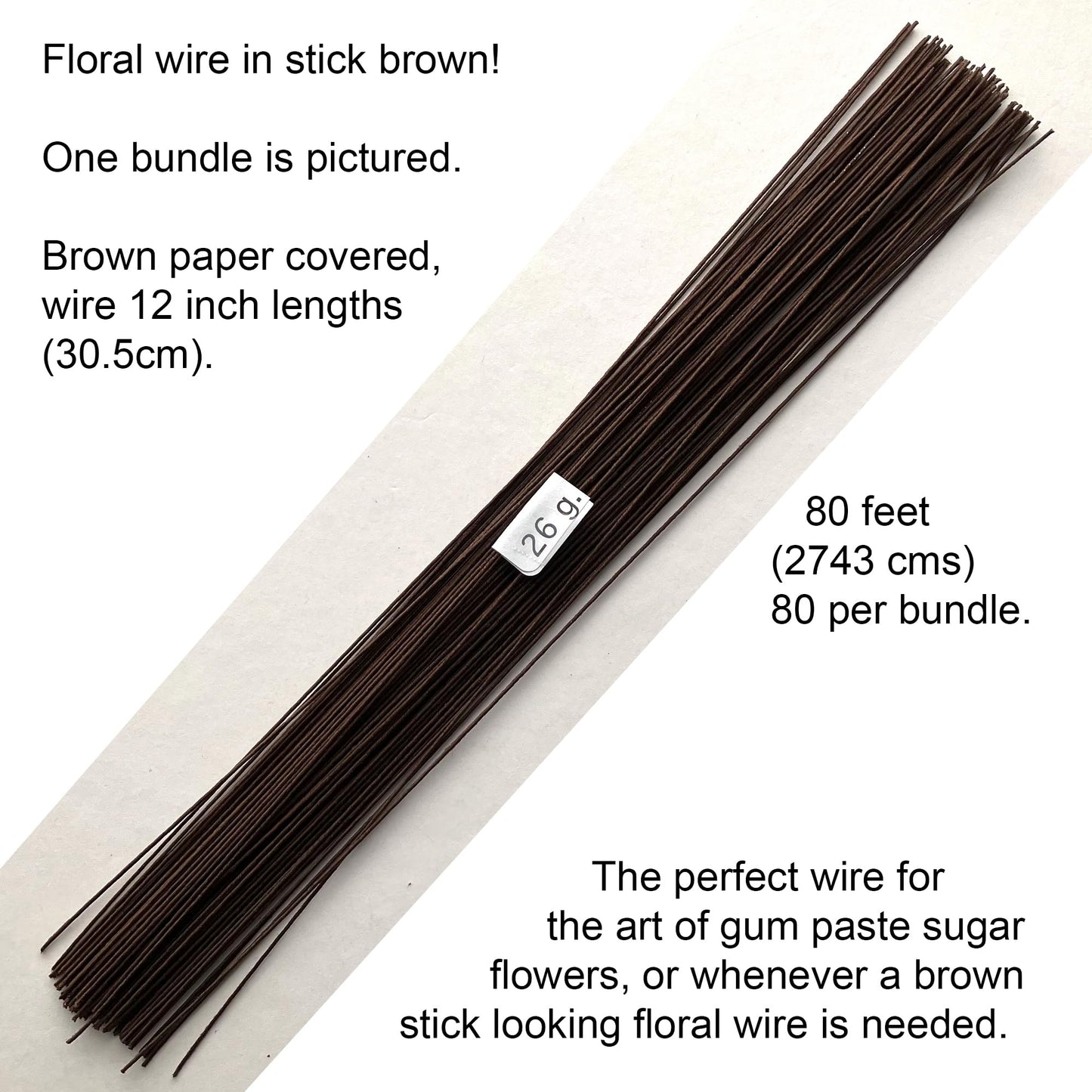 26 Gauge Brown Cotton Covered Floral Wire - 80 feet (80 Wires) per Bundle (24.4m) in 12 inch Length (30.5cm)