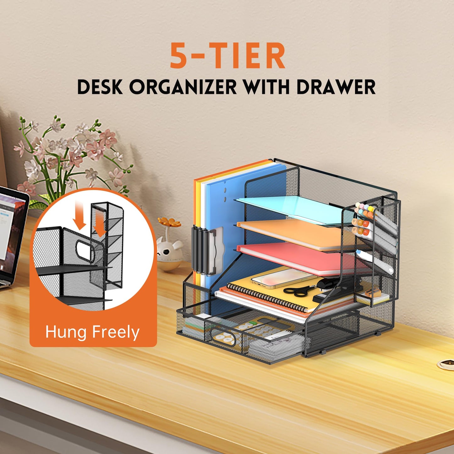 DALTACK Mesh Desk Organizer, 5-Tier Paper Letter Tray with File Holder & Pen Holder & Sliding Drawer, Desktop Organizer and Storage for Desk Accessories Office Supplies, Black