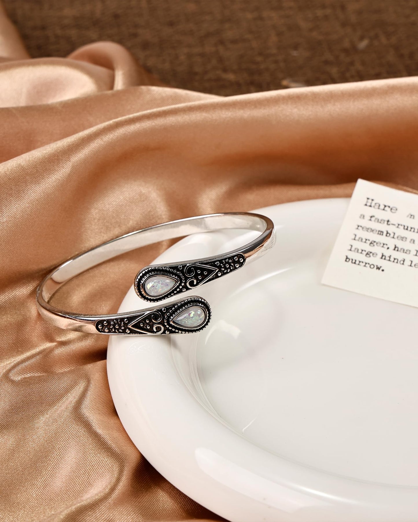 Irideket Opal Stones Vintage Sterling Silver Plated Cuff Bracelet, Silver Bangles for Women, Adjustable Silver Jewelry, Elegant Silver Bracelet