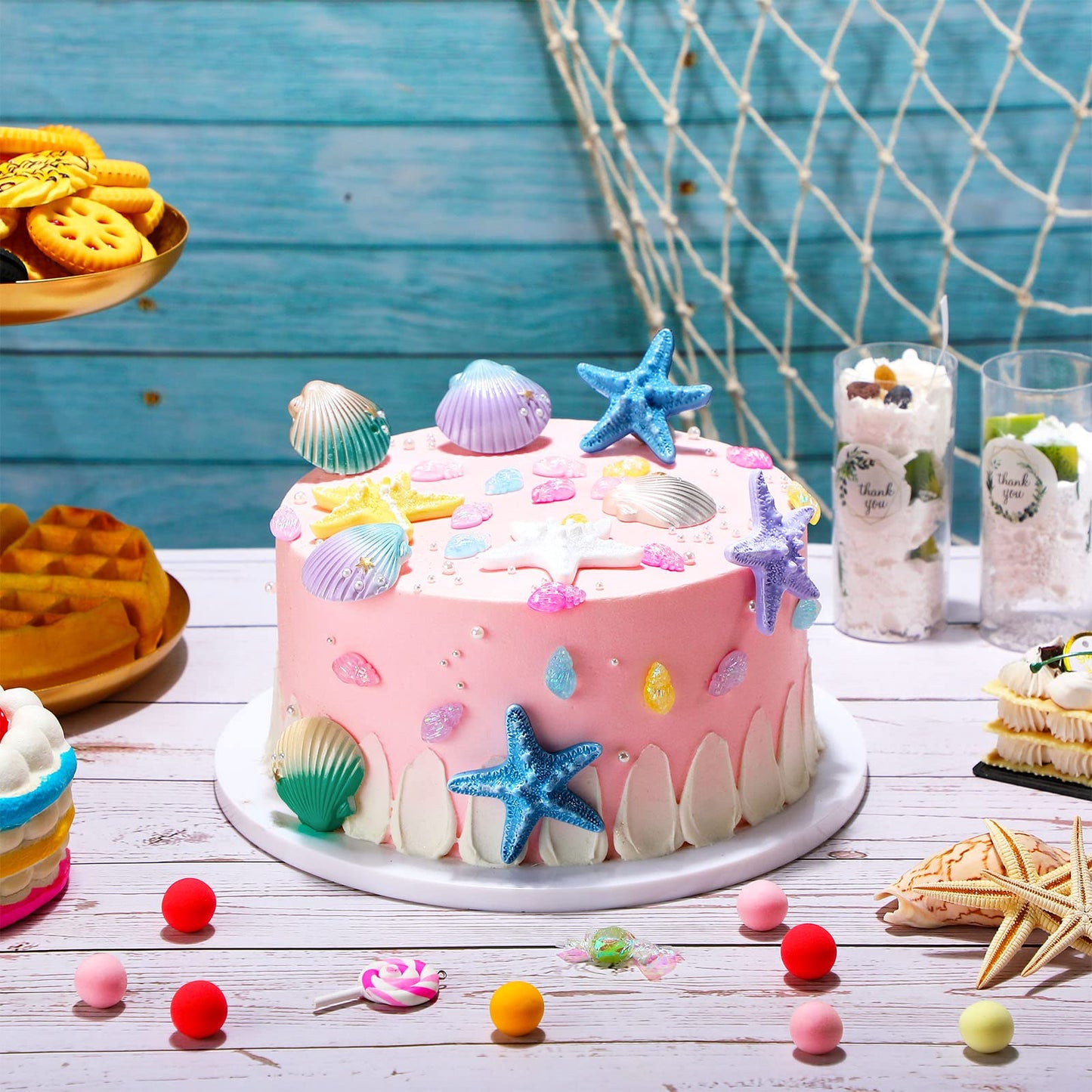 Kathfly 30 Pcs Summer Seashells Cake Topper Decorations Ocean Cake Topper Decorations Sea Creature with Starfish Conch Shells Ocean for Birthday Beach Baby Shower Wedding Party Supplies