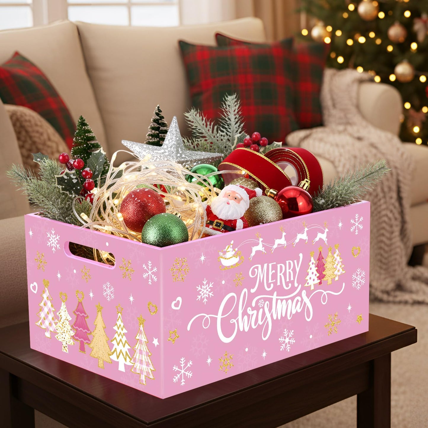 Soaoo Christmas Wooden Crate 11.4 x 8.3 x 5.4 Inch Merry Christmas Storage Box with Handles Decorative Rustic Farmhouse Wood Basket for Xmas Hot Cocoa Bar Candy Pet Table Decor(Pink)