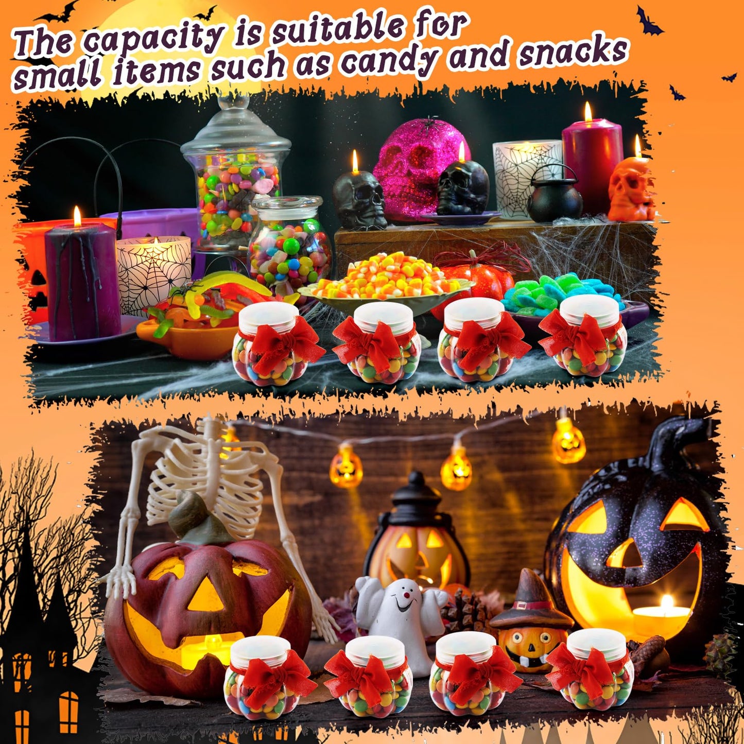 Mimorou 48 Pcs Pumpkin Jar Bulk Plastic Thanksgiving Pumpkin Candy Jars with Bow Ribbon 8 oz/ 250 ml Clear Small Candy Bowl with Lids Snack Storage for Thanksgiving Home Wedding Party