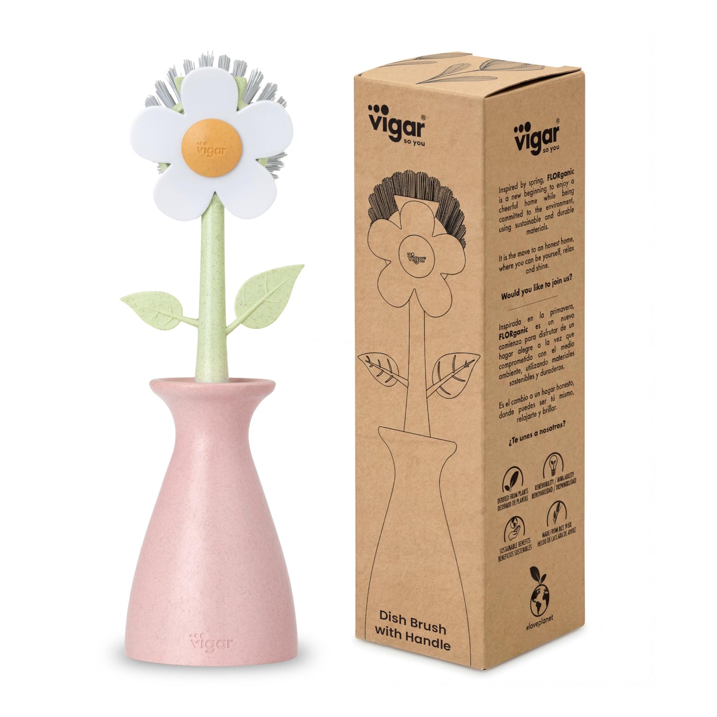 Vigar Florganic Daisy-Shaped Dish Brush with Vase Dish Brush Holder, Dish Brush with Handle, for Pot Scrubber, Kitchen Dishes, and Sink Cleaning, Pink