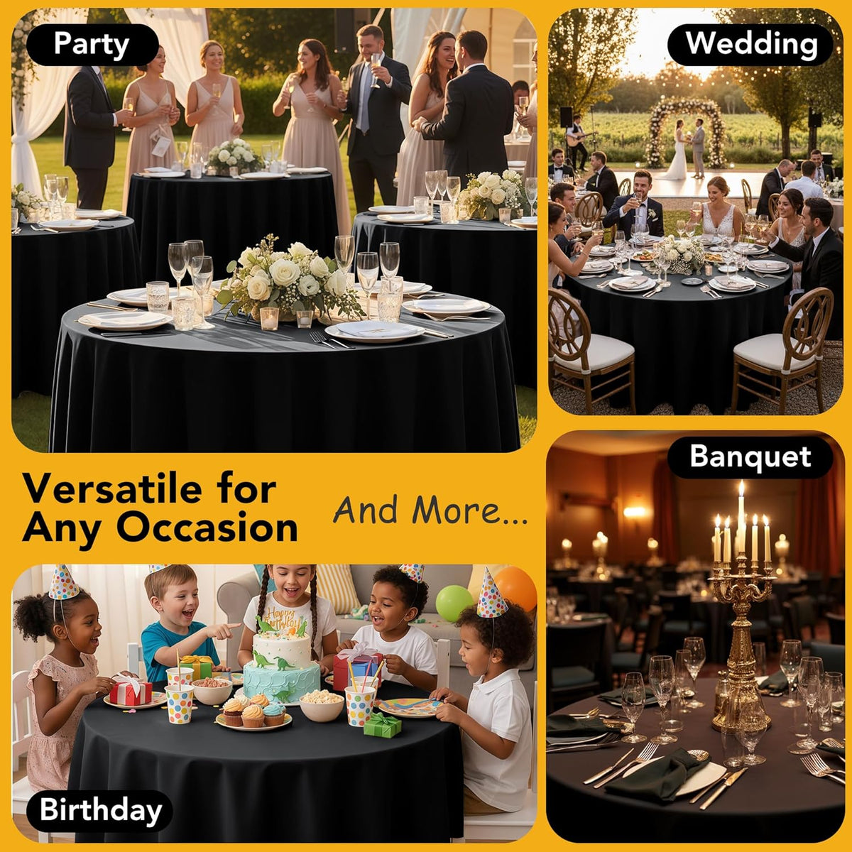 10-Pack Black Round Tablecloths, 108 Inches, Stain-Resistant Polyester for 4-5 Ft Round Tables - Washable Table Covers for Weddings, Banquets, Birthday Parties, Events