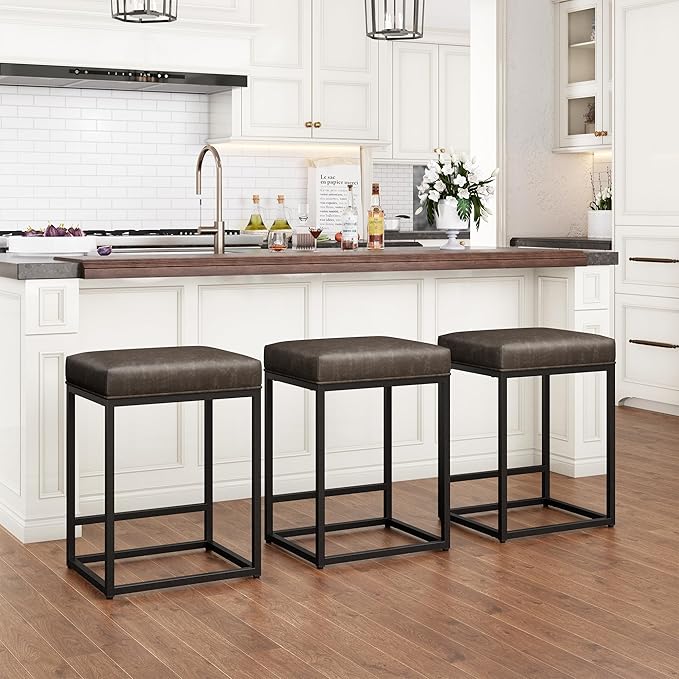 PHI VILLA Bar Stools Set of 3 - Thick Cushion Metal Steel Frame Base with Footrest Kitchen Stools, Grey Bar stools