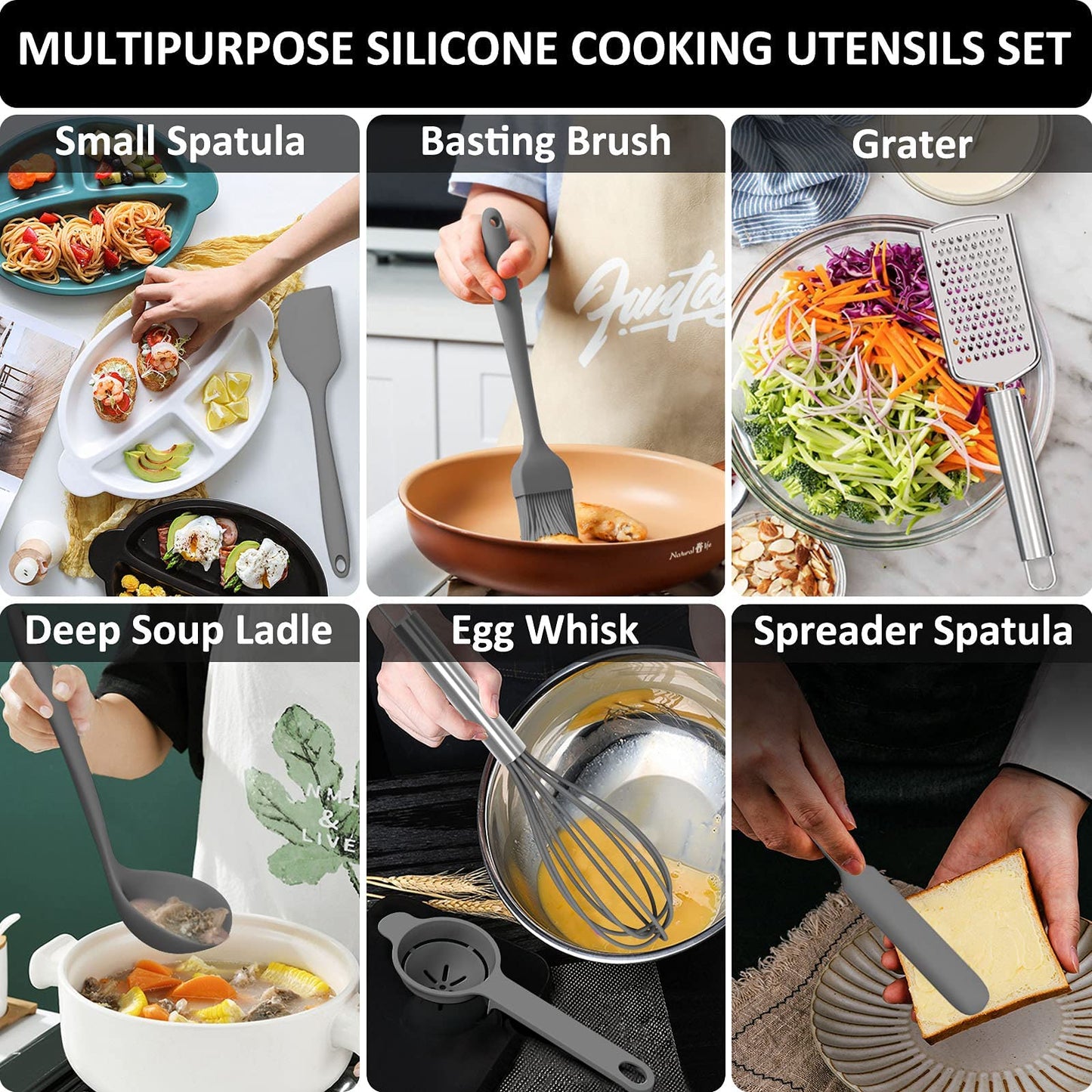 Silicone Kitchen Utensils Set, 16-Piece Silicone Cooking Utensils by Deedro, Heat Resistant Kitchen Tools Set with Holder, Nonstick Spatula Kitchen Gadgets for Cooking & Baking, Gray
